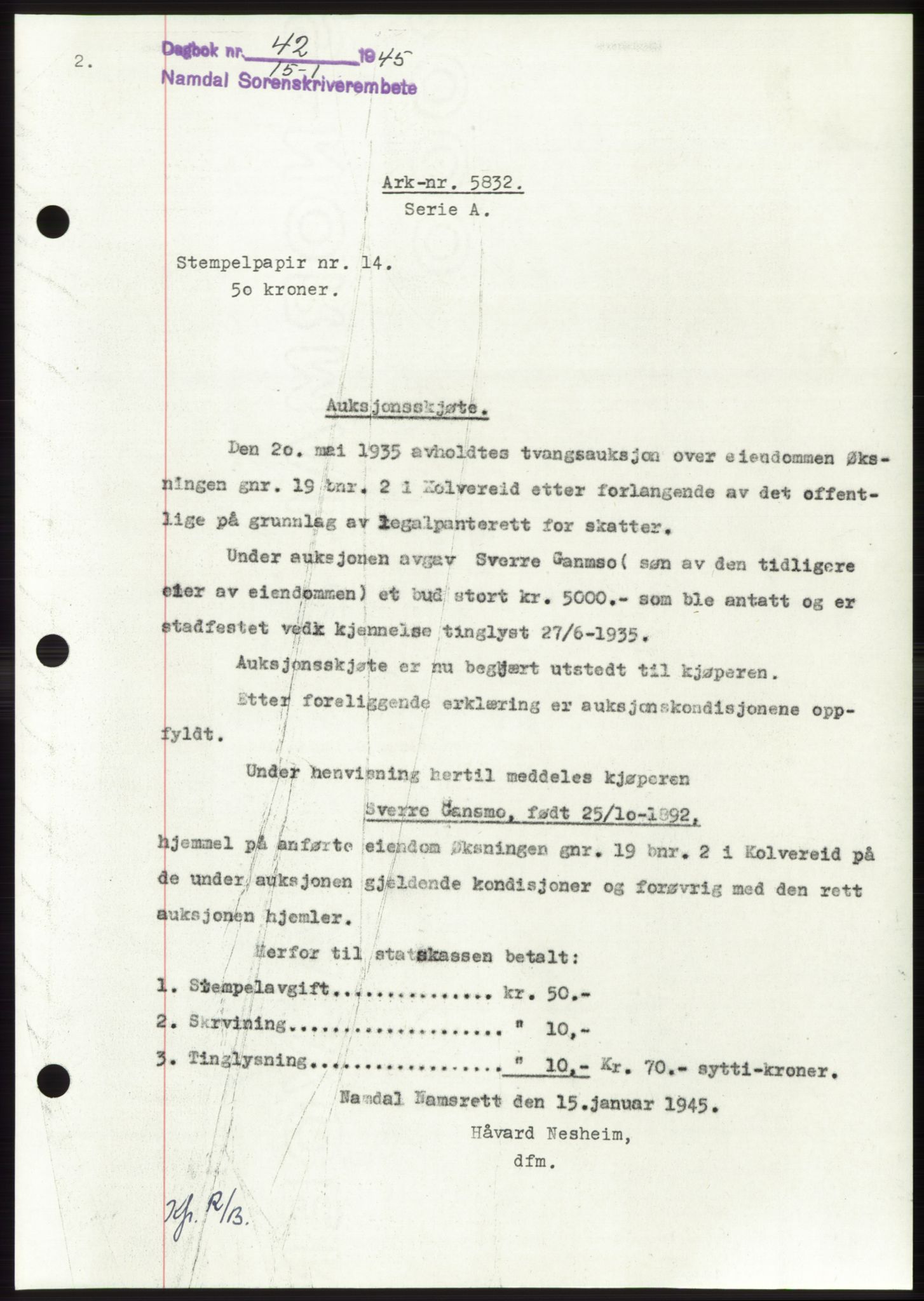 Namdal sorenskriveri, SAT/A-4133/1/2/2C: Pantebok nr. -, 1944-1945, Dagboknr: 42/1945