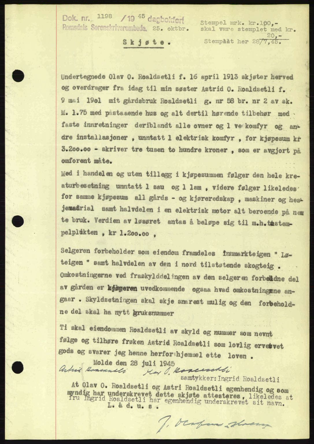 Romsdal sorenskriveri, SAT/A-4149/1/2/2C: Pantebok nr. A18, 1945-1945, Dagboknr: 1198/1945