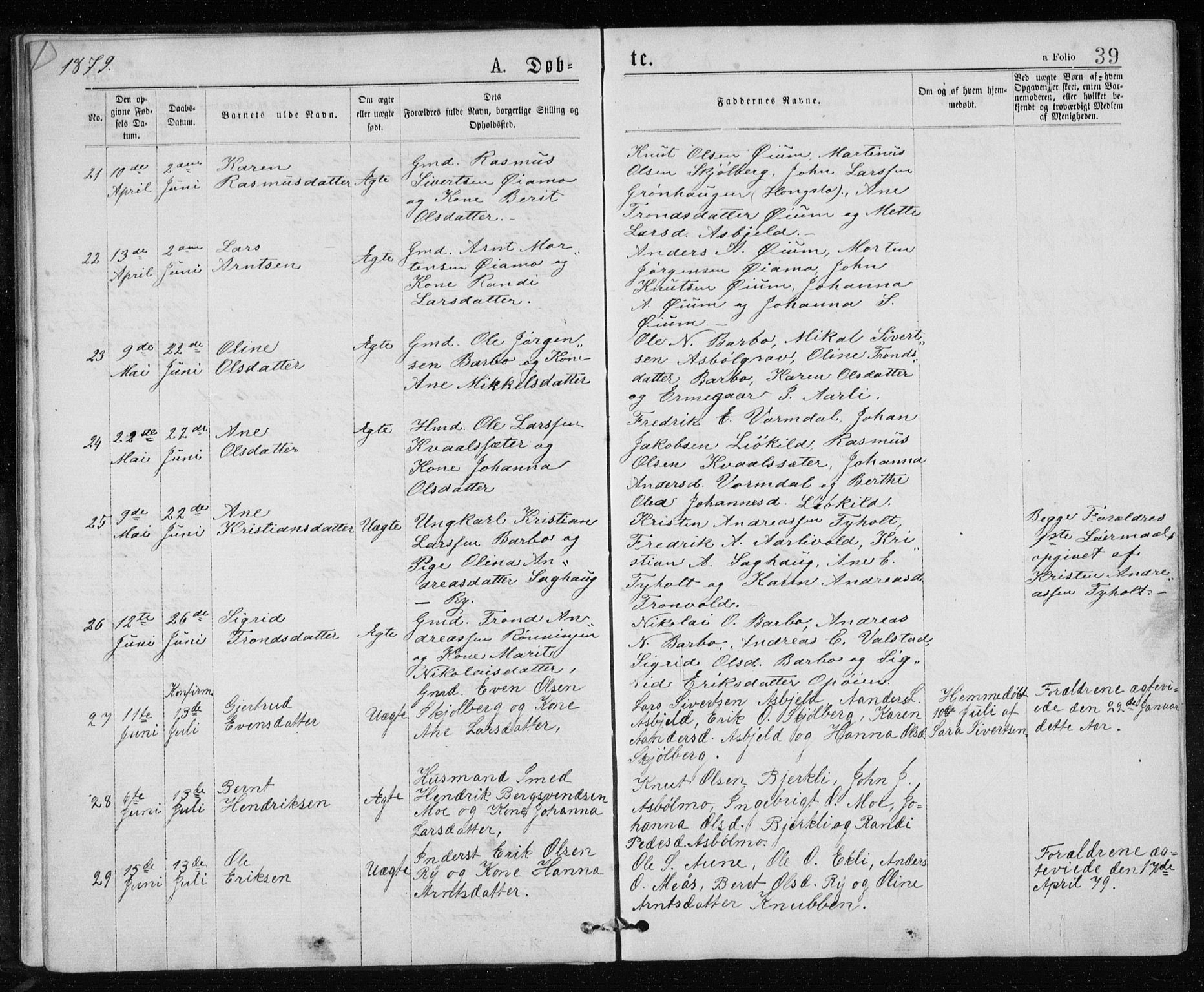 Ministerialprotokoller, klokkerbøker og fødselsregistre - Sør-Trøndelag, AV/SAT-A-1456/671/L0843: Klokkerbok nr. 671C02, 1873-1892, s. 39