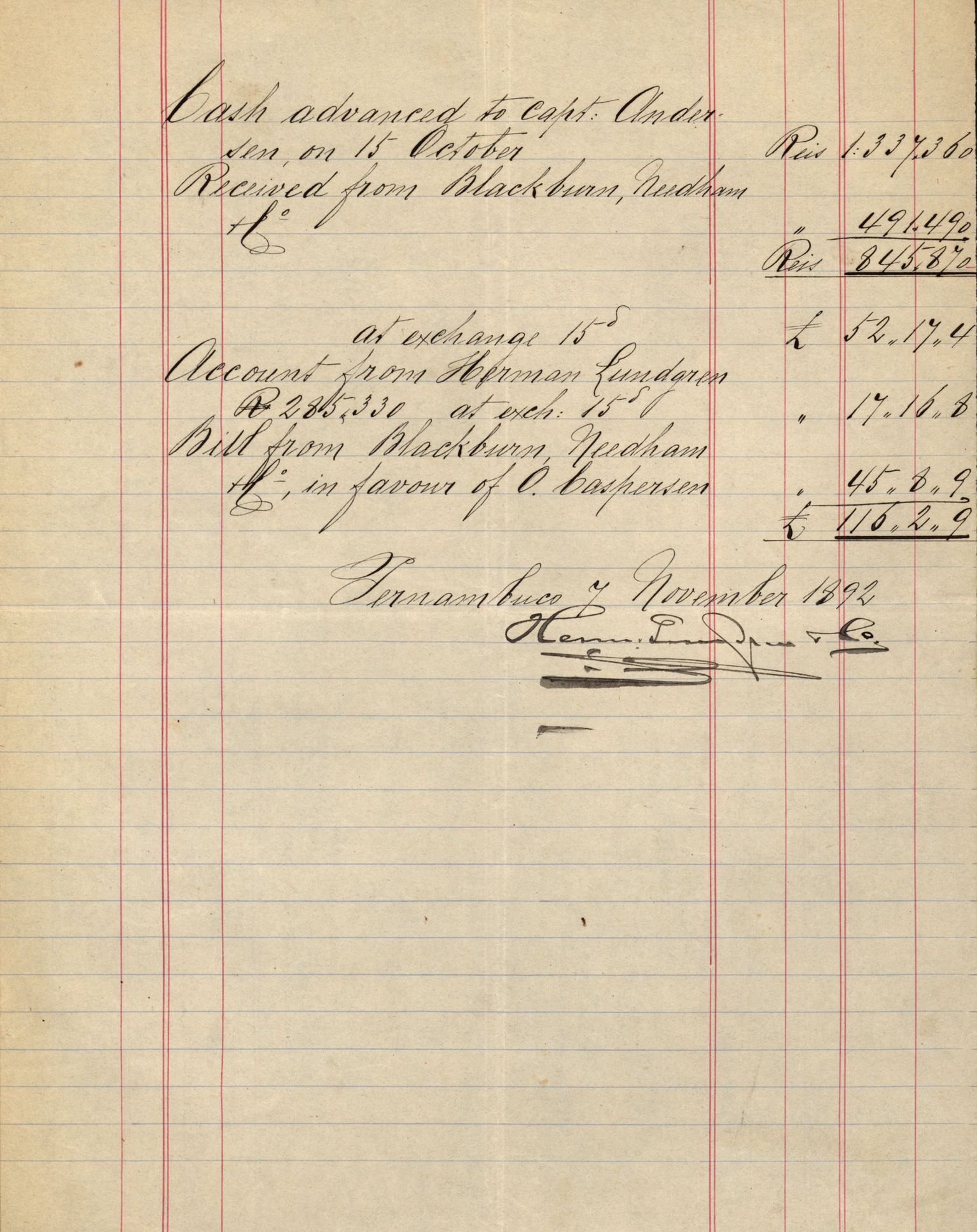 Pa 63 - Østlandske skibsassuranceforening, VEMU/A-1079/G/Ga/L0028/0003: Havaridokumenter / Minerva, Mathilde, Magnolia, Sir John Lawrence, 1892, s. 74