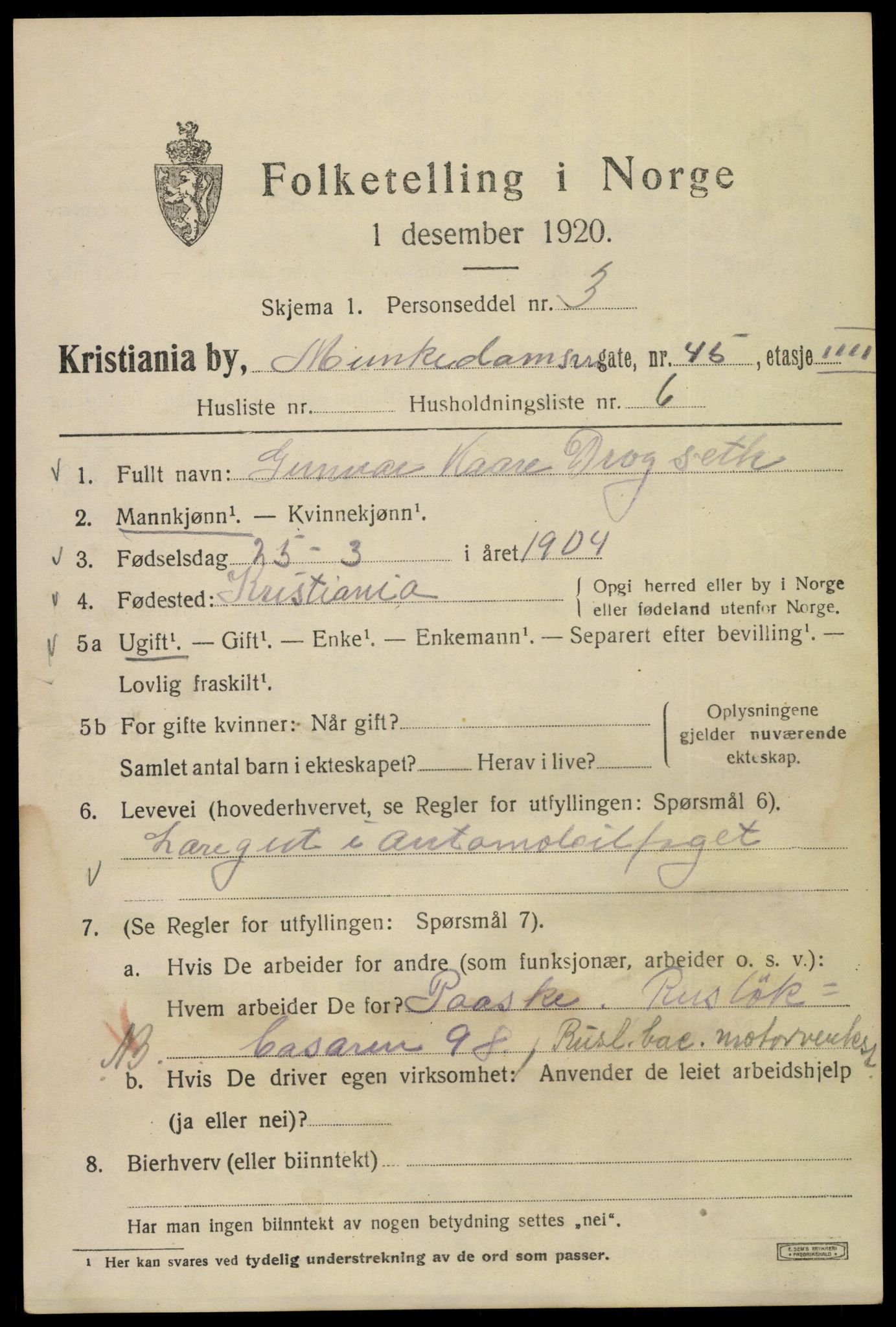 SAO, Folketelling 1920 for 0301 Kristiania kjøpstad, 1920, s. 402663