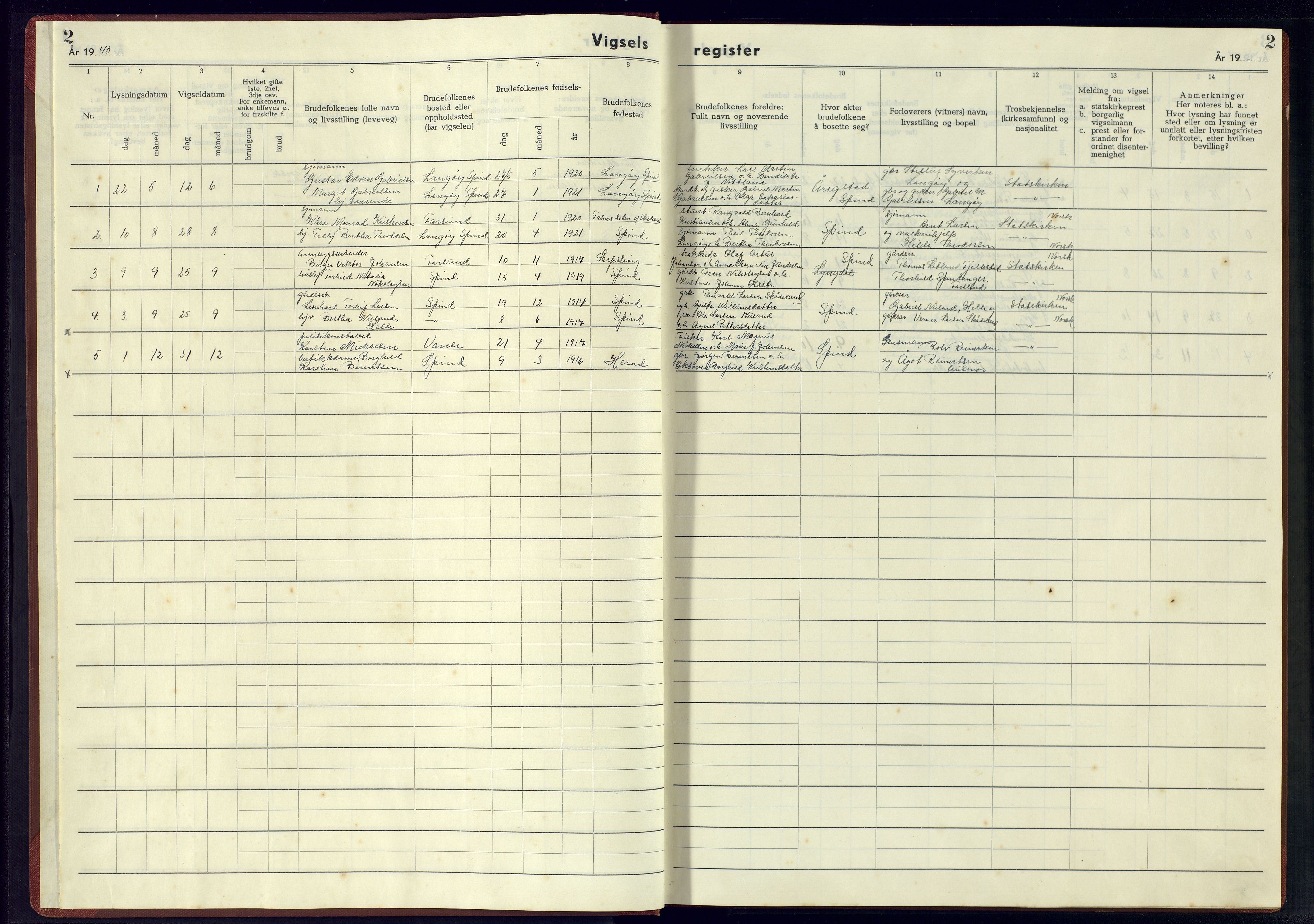 Herad sokneprestkontor, AV/SAK-1111-0018/J/Jb/L0004: Vigselsregister nr. A-VI-5, 1942-1945, s. 2