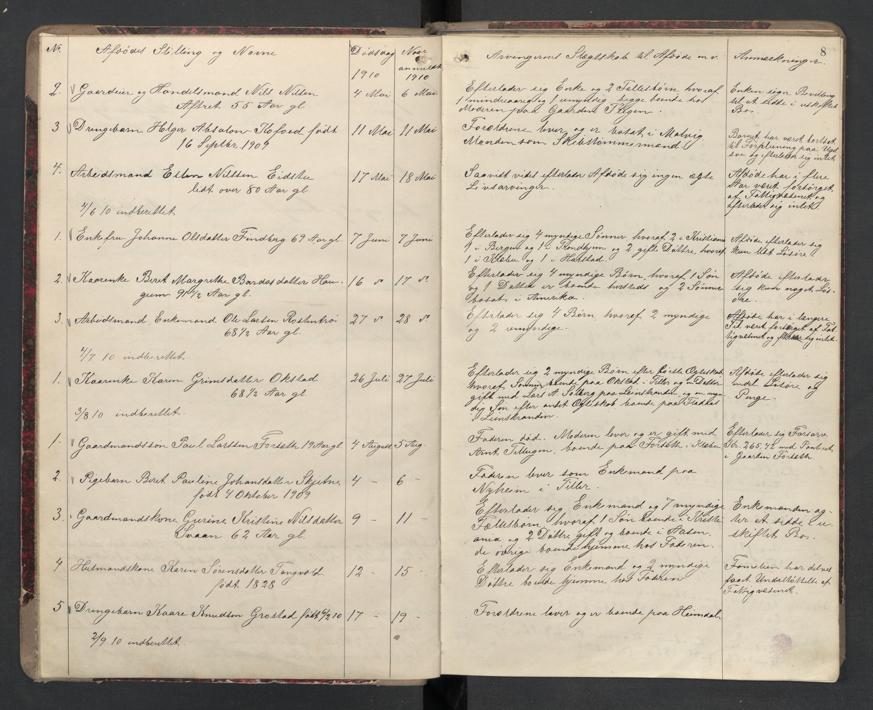 Klæbu lensmannskontor, AV/SAT-A-1059/1/02/L0001: 2.01.01 Anmeldte dødsfall, 1908-1924, s. 8