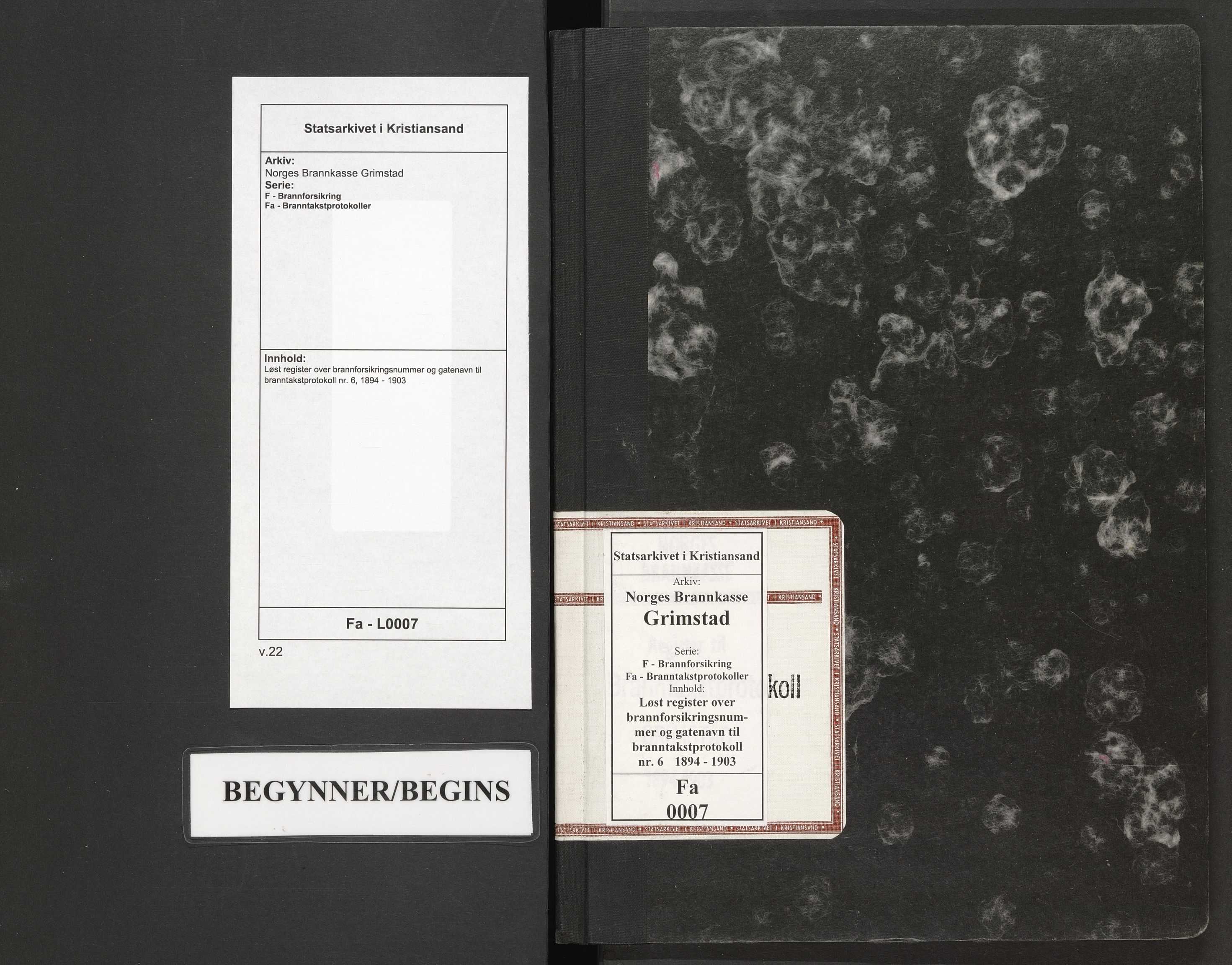 Norges Brannkasse Grimstad, SAK/2241-0018/F/Fa/L0007: Løst register over brannforsikringsnummer og gatenavn til branntakstprotokoll nr. 6, 1894-1903