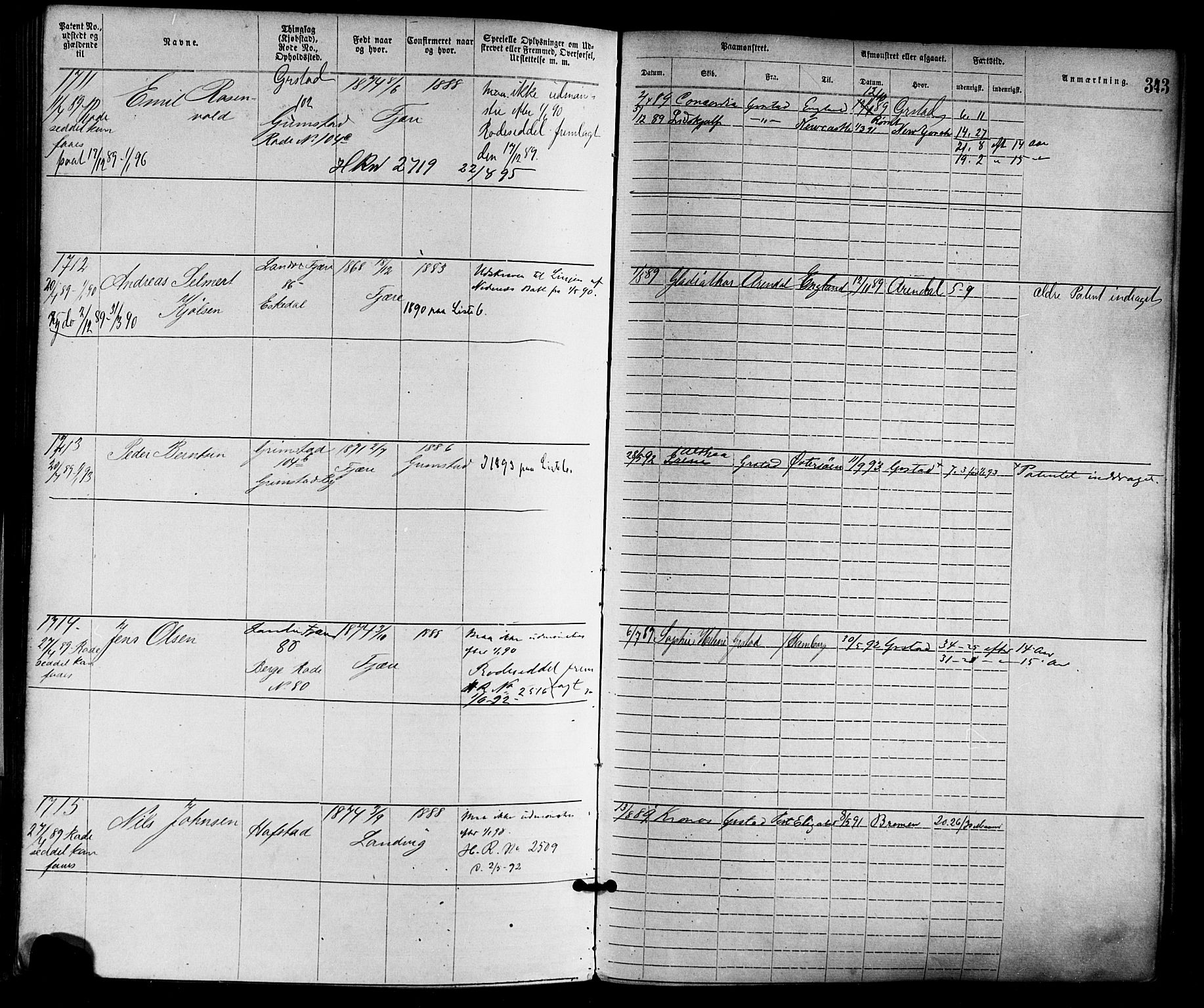 Grimstad mønstringskrets, AV/SAK-2031-0013/F/Fa/L0001: Annotasjonsrulle nr 1-1920 med register, F-1, 1870-1892, s. 376