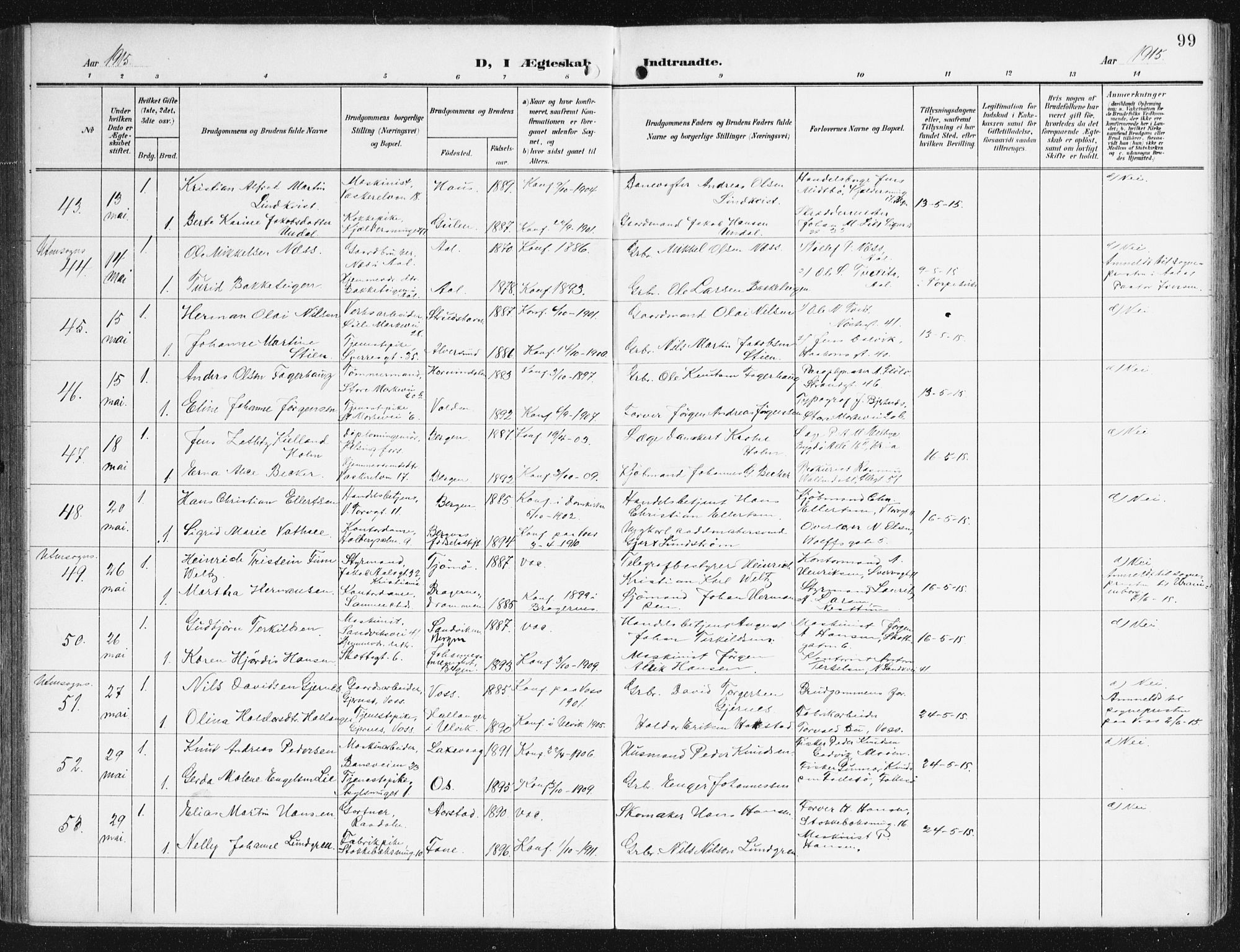 Domkirken sokneprestembete, AV/SAB-A-74801/H/Haa/L0038: Ministerialbok nr. D 5, 1906-1921, s. 99