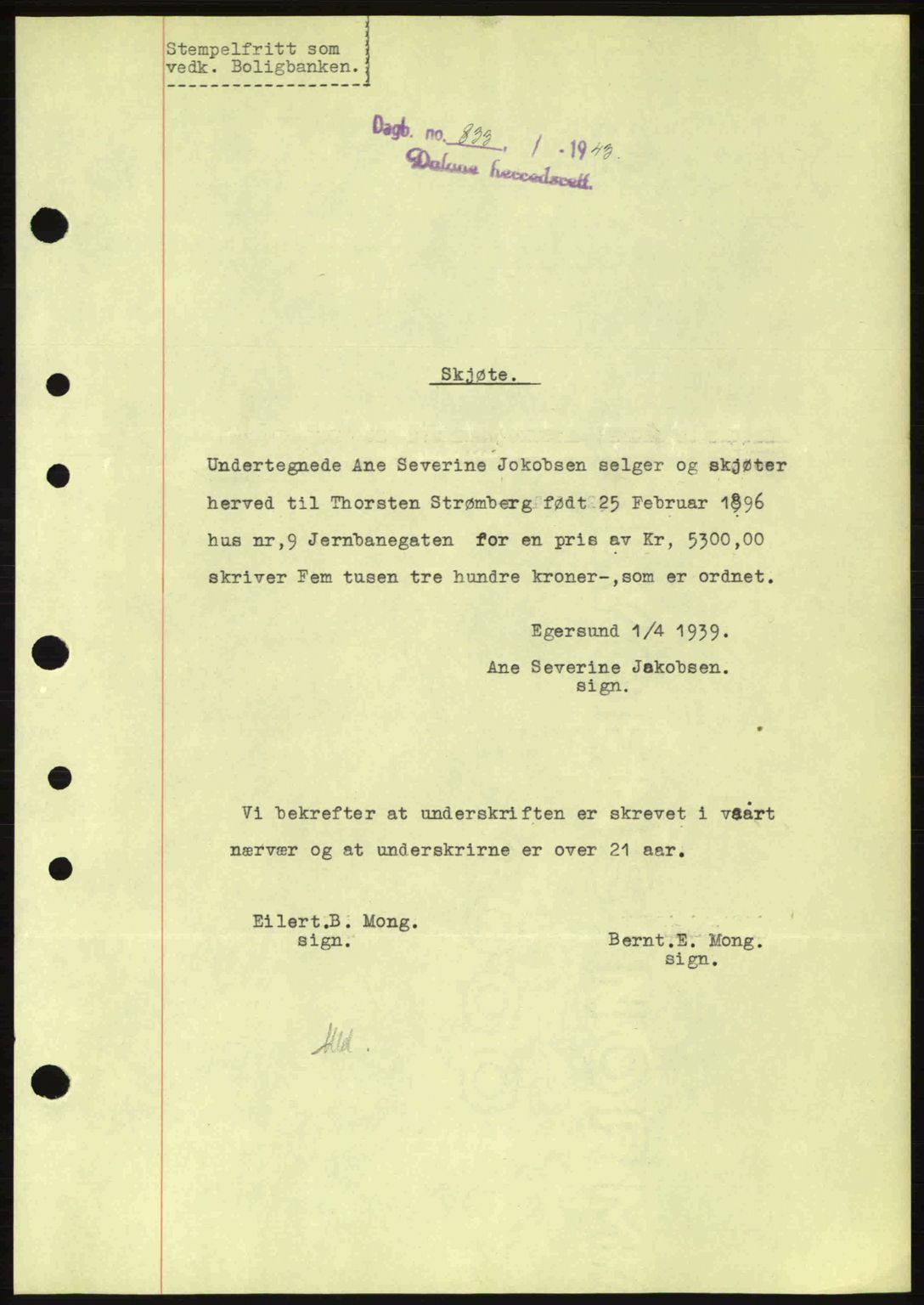 Dalane sorenskriveri, SAST/A-100309/02/G/Gb/L0046: Pantebok nr. A7, 1942-1943, Dagboknr: 833/1943