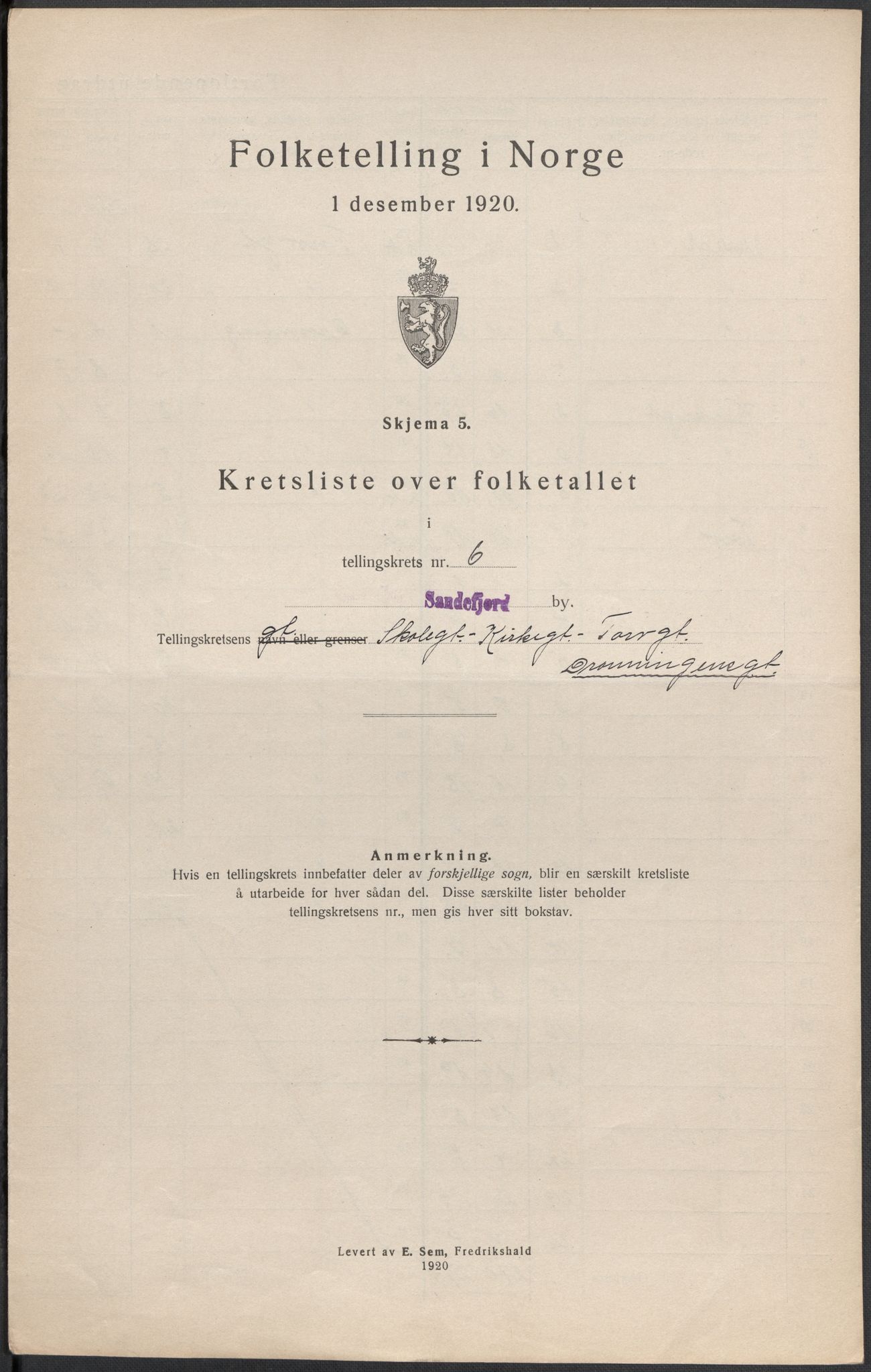SAKO, Folketelling 1920 for 0706 Sandefjord kjøpstad, 1920, s. 20
