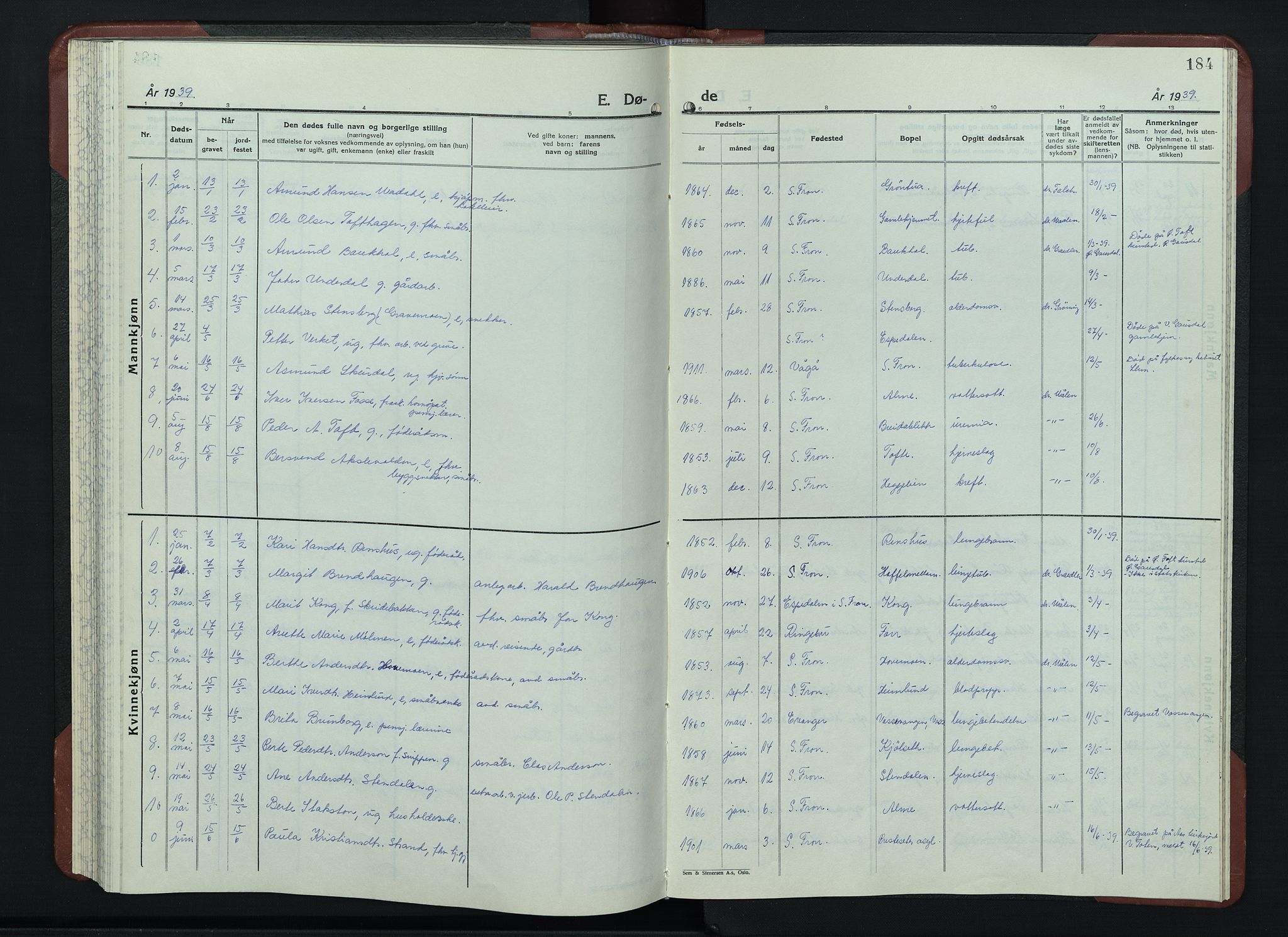 Sør-Fron prestekontor, AV/SAH-PREST-010/H/Ha/Hab/L0006: Klokkerbok nr. 6, 1933-1948, s. 184