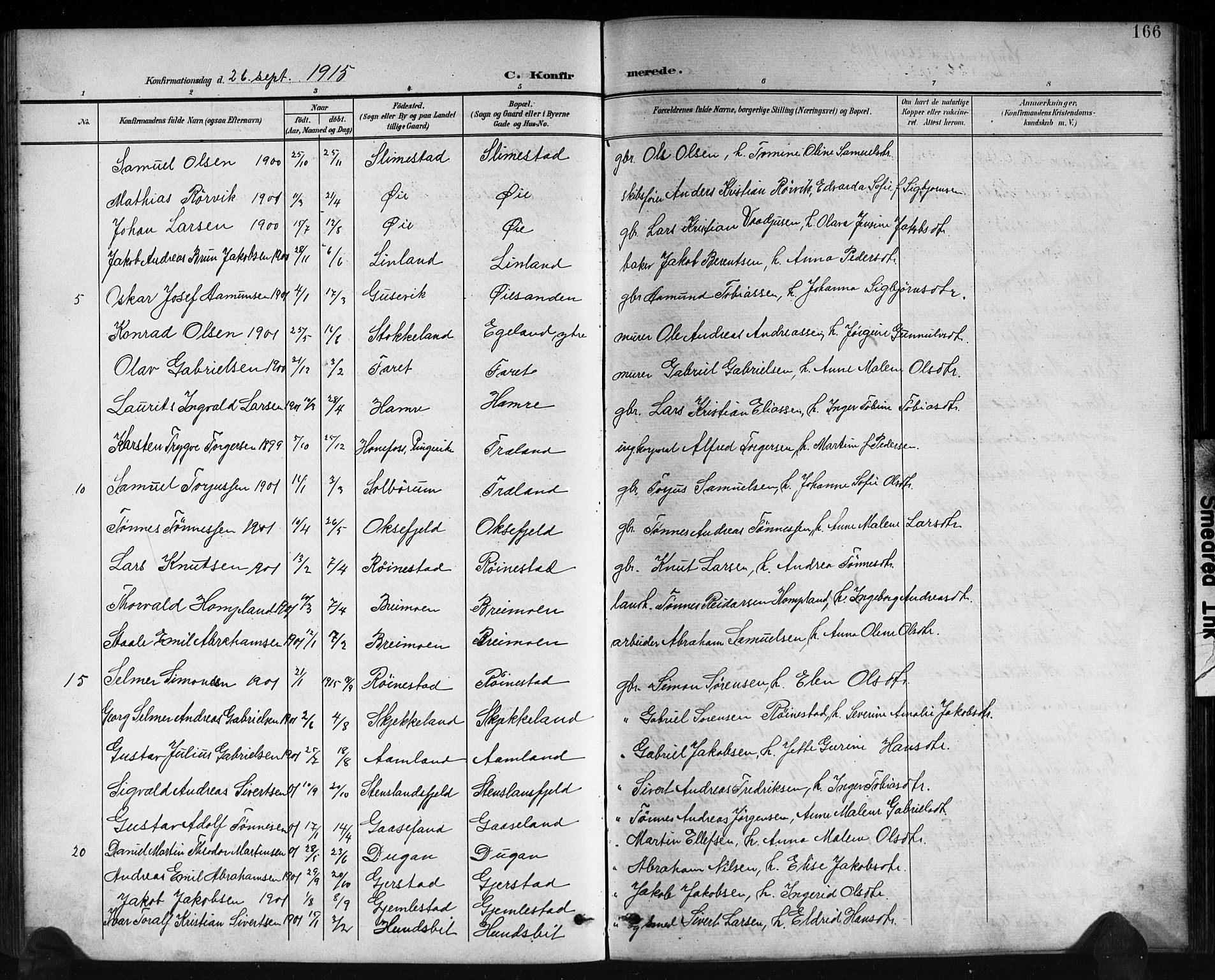 Kvinesdal sokneprestkontor, AV/SAK-1111-0026/F/Fb/Fbb/L0003: Klokkerbok nr. B 3, 1898-1916, s. 166