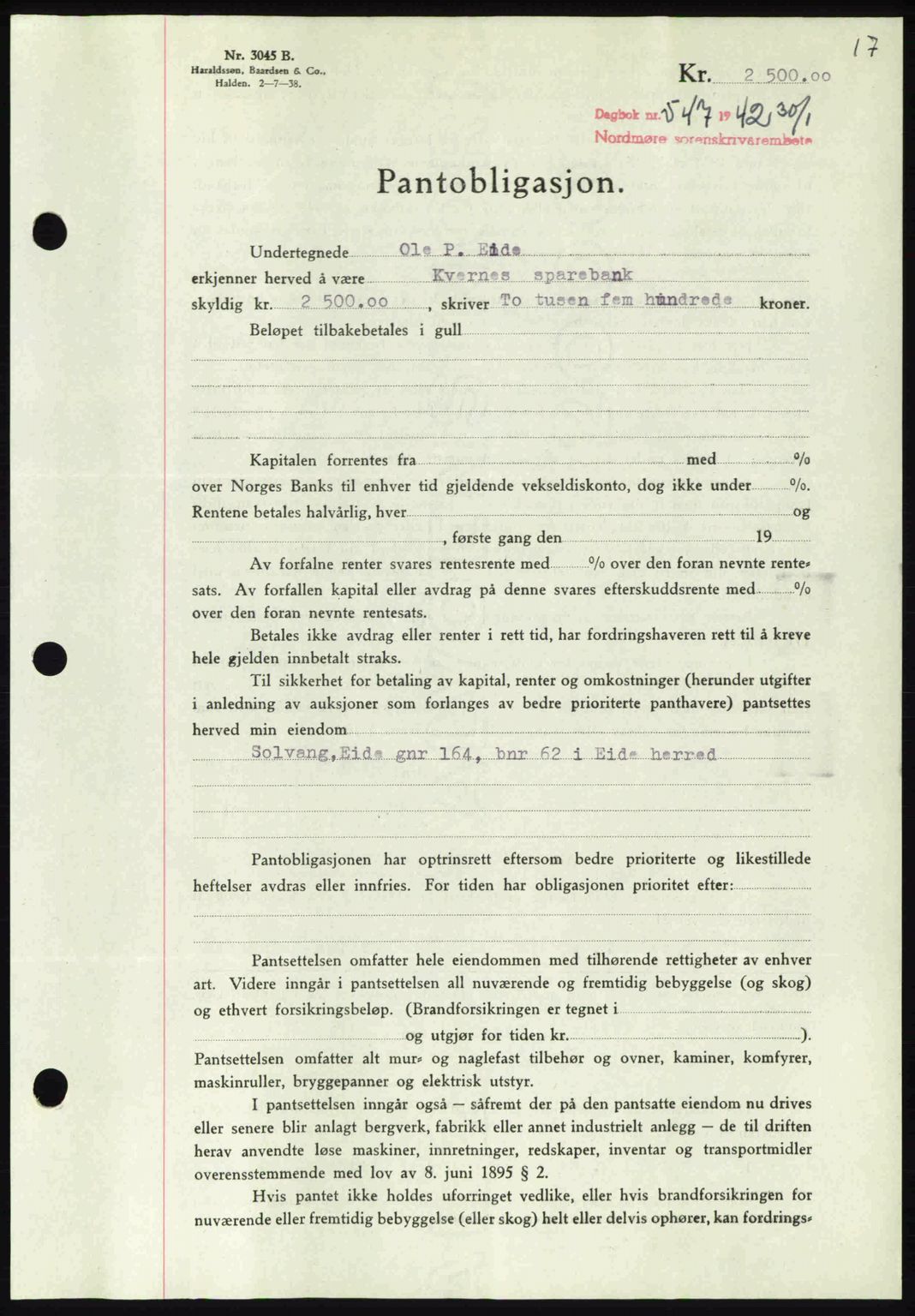 Nordmøre sorenskriveri, AV/SAT-A-4132/1/2/2Ca: Pantebok nr. B89, 1942-1942, Dagboknr: 547/1942