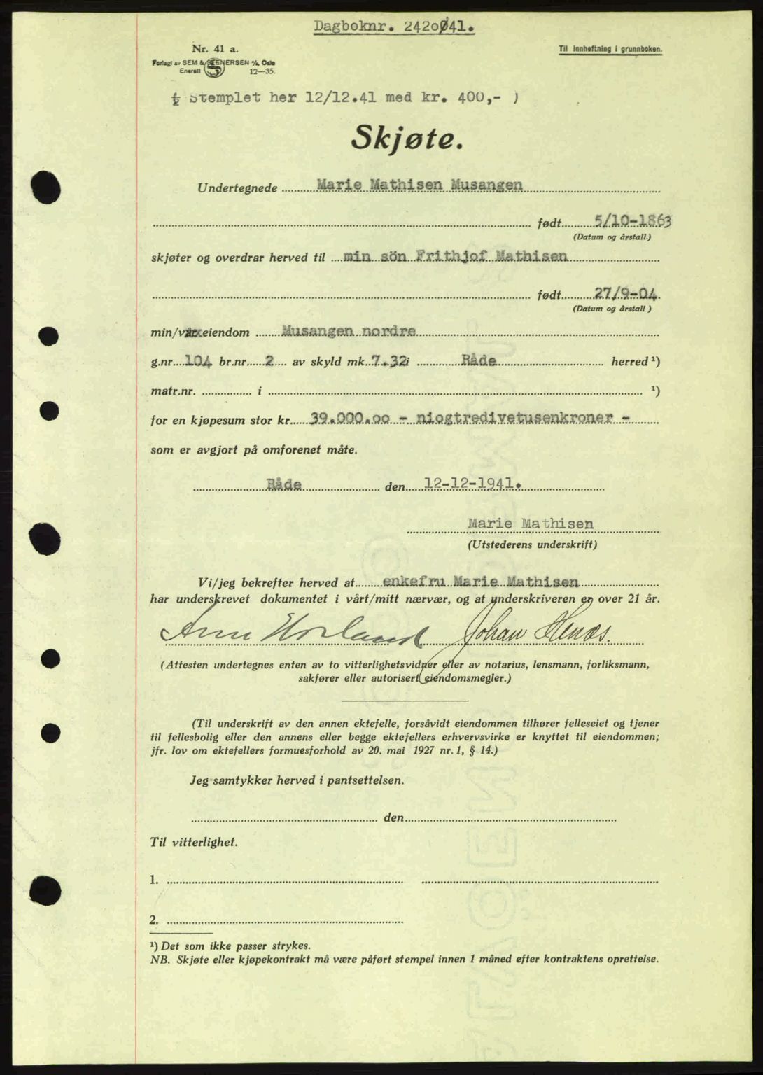 Moss sorenskriveri, SAO/A-10168: Pantebok nr. A9, 1941-1942, Dagboknr: 2420/1941