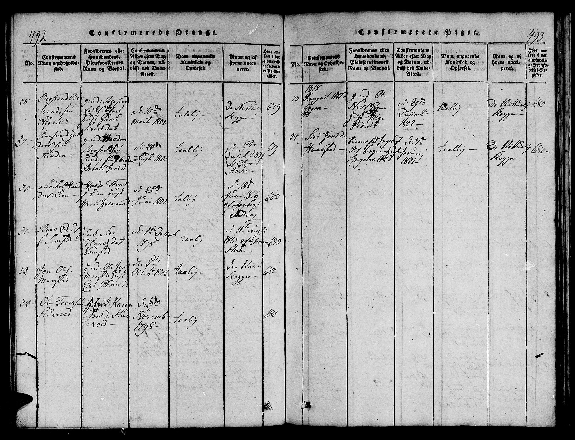 Ministerialprotokoller, klokkerbøker og fødselsregistre - Sør-Trøndelag, SAT/A-1456/695/L1152: Klokkerbok nr. 695C03, 1816-1831, s. 492-493