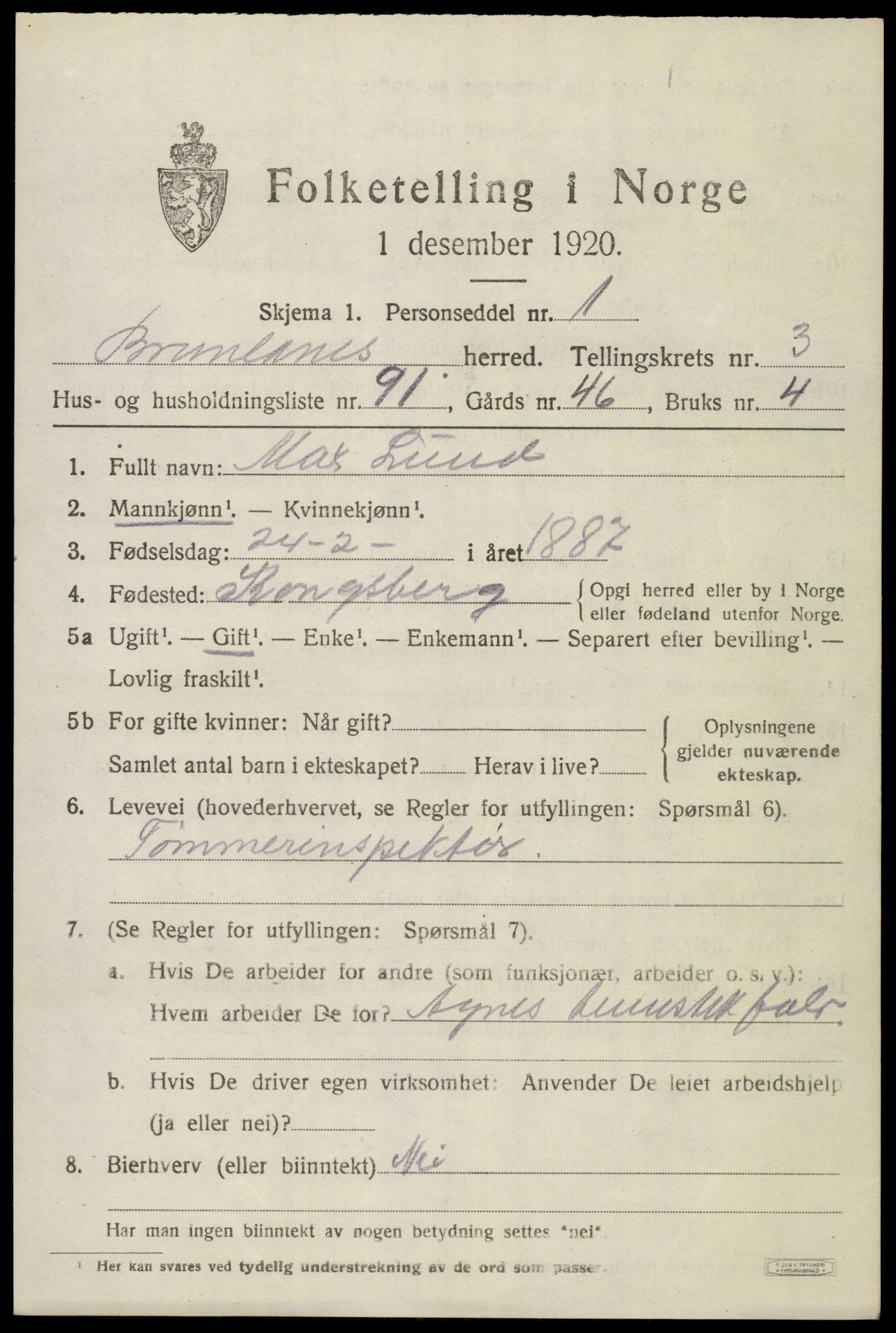 SAKO, Folketelling 1920 for 0726 Brunlanes herred, 1920, s. 5779