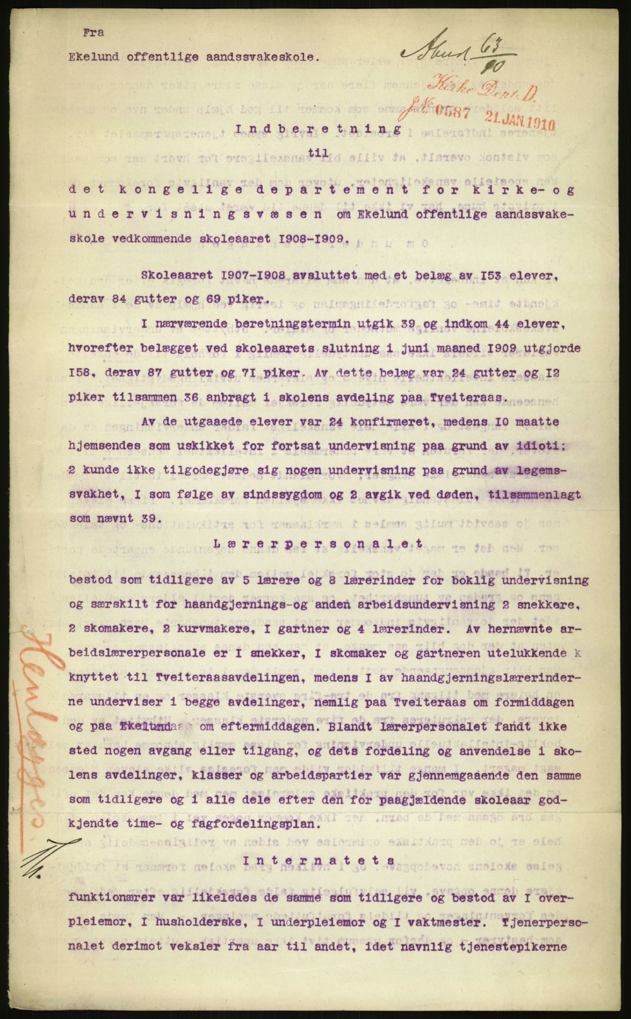 Kirke- og undervisningsdepartementet, 1. skolekontor D, AV/RA-S-1021/F/Fh/Fhr/L0098: Eikelund off. skole for evneveike, 1897-1947, s. 1180