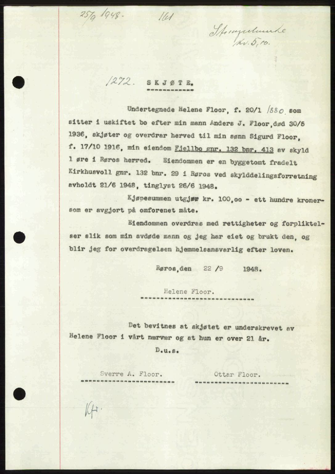 Gauldal sorenskriveri, SAT/A-0014/1/2/2C: Pantebok nr. A6, 1948-1948, Dagboknr: 1272/1948