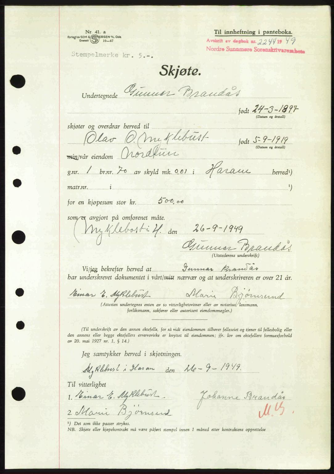 Nordre Sunnmøre sorenskriveri, SAT/A-0006/1/2/2C/2Ca: Pantebok nr. A32, 1949-1949, Dagboknr: 2244/1949