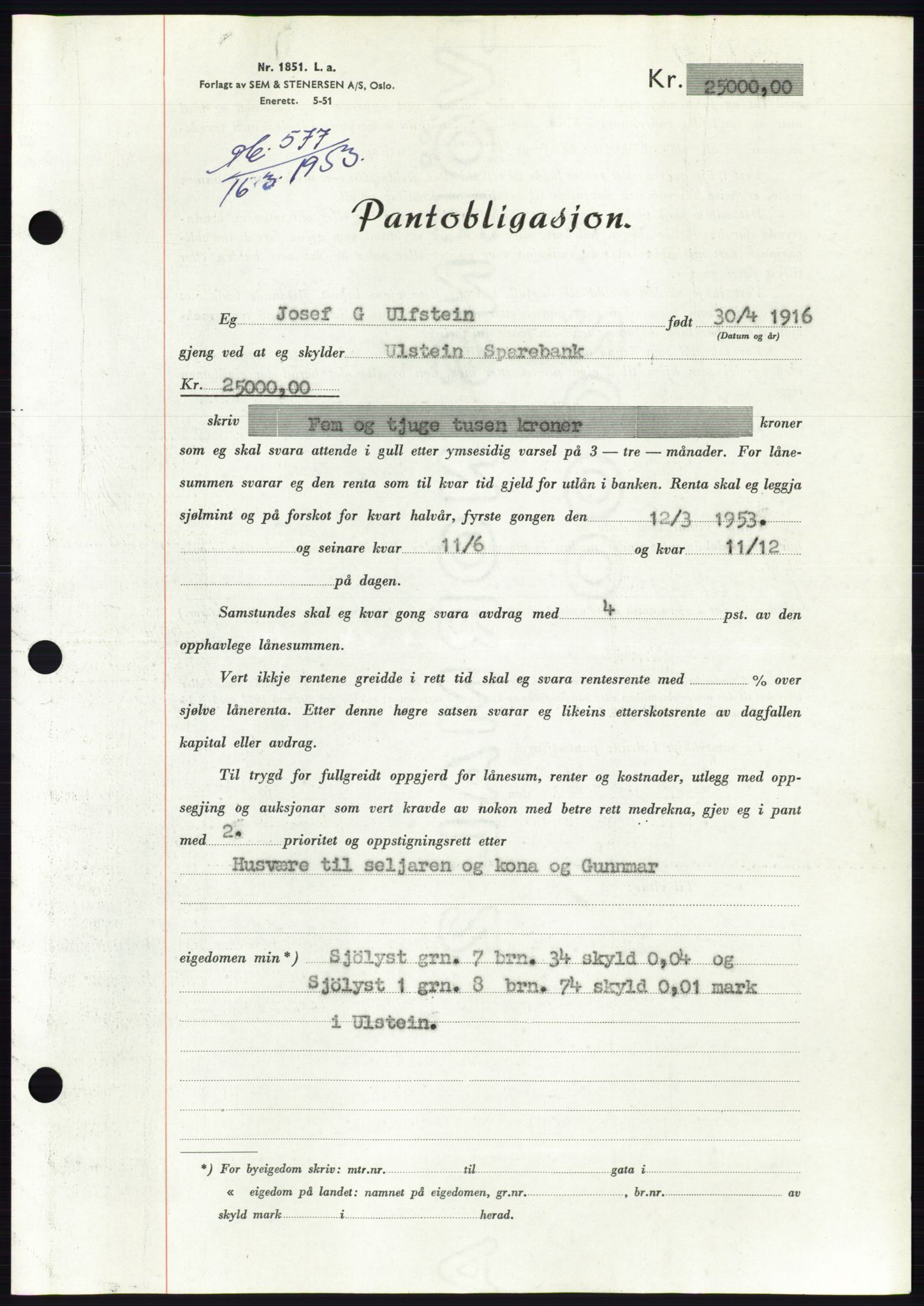 Søre Sunnmøre sorenskriveri, SAT/A-4122/1/2/2C/L0123: Pantebok nr. 11B, 1953-1953, Dagboknr: 577/1953