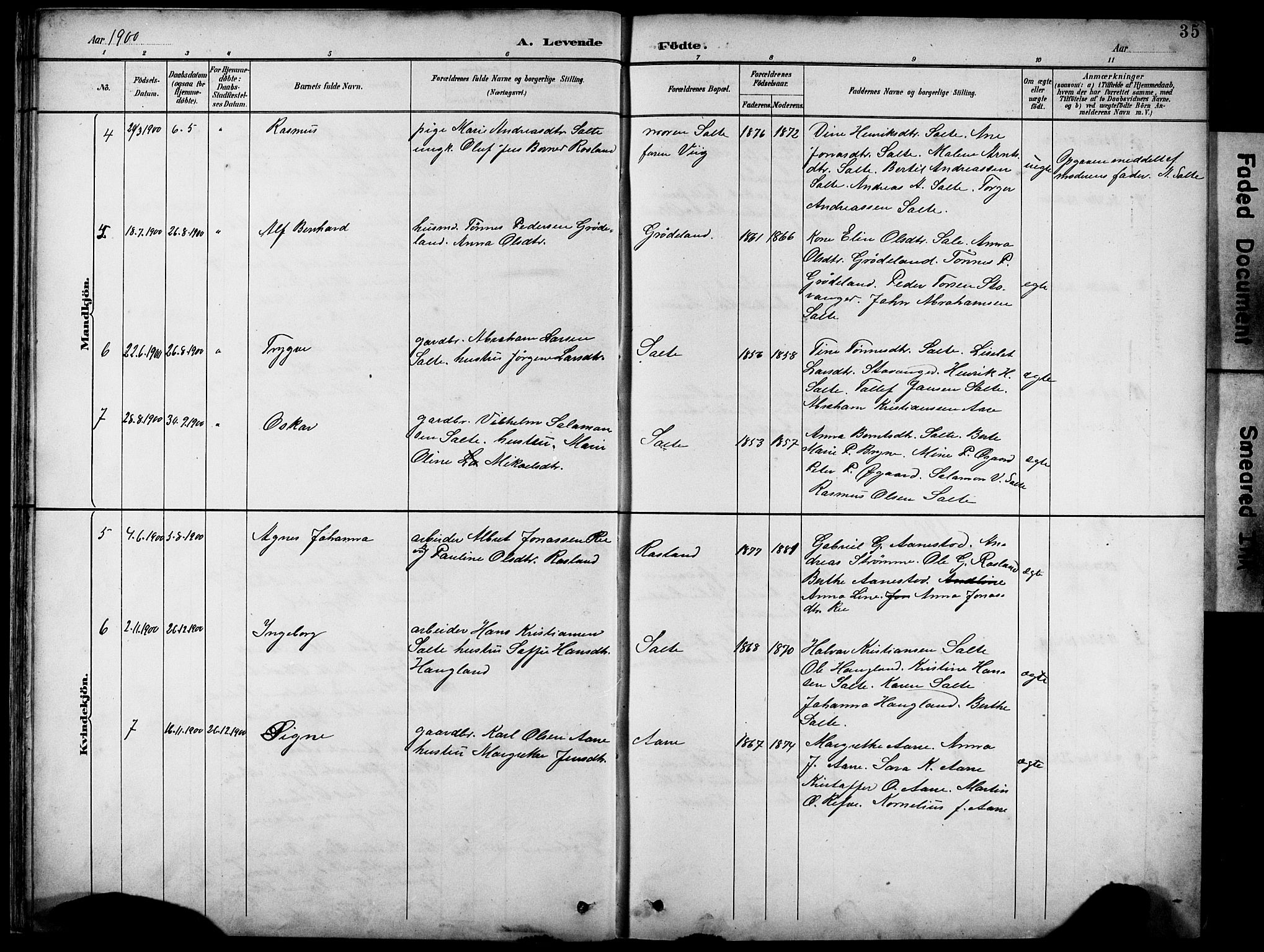 Klepp sokneprestkontor, AV/SAST-A-101803/001/3/30BB/L0005: Klokkerbok nr. B 5, 1889-1918, s. 35