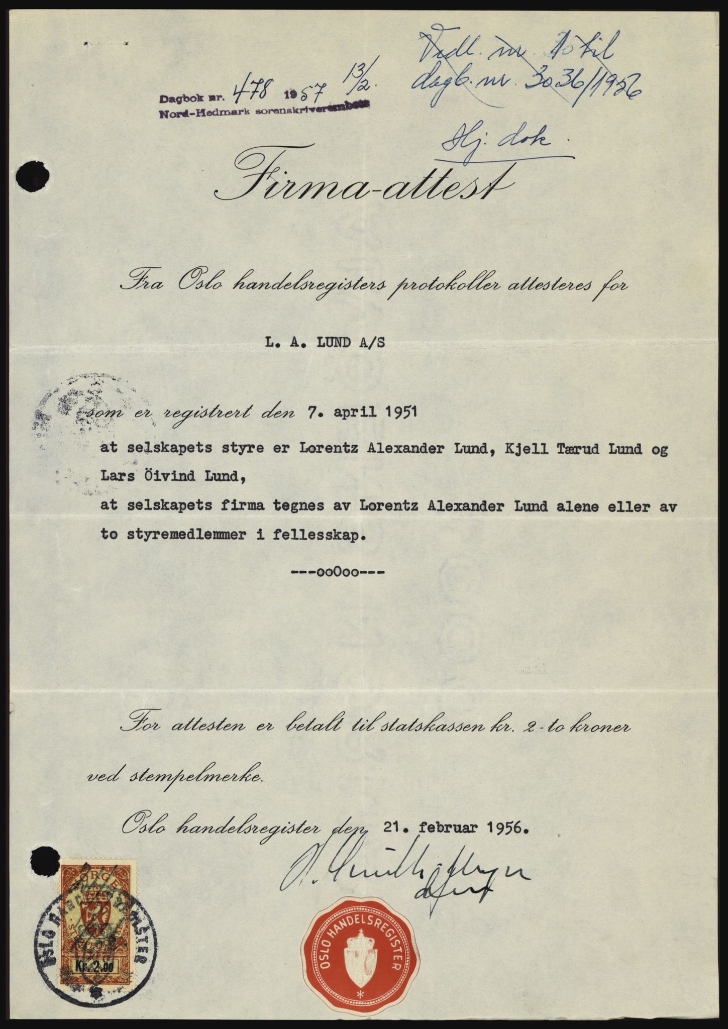 Nord-Hedmark sorenskriveri, SAH/TING-012/H/Hc/L0011: Pantebok nr. 11, 1956-1957, Dagboknr: 478/1957