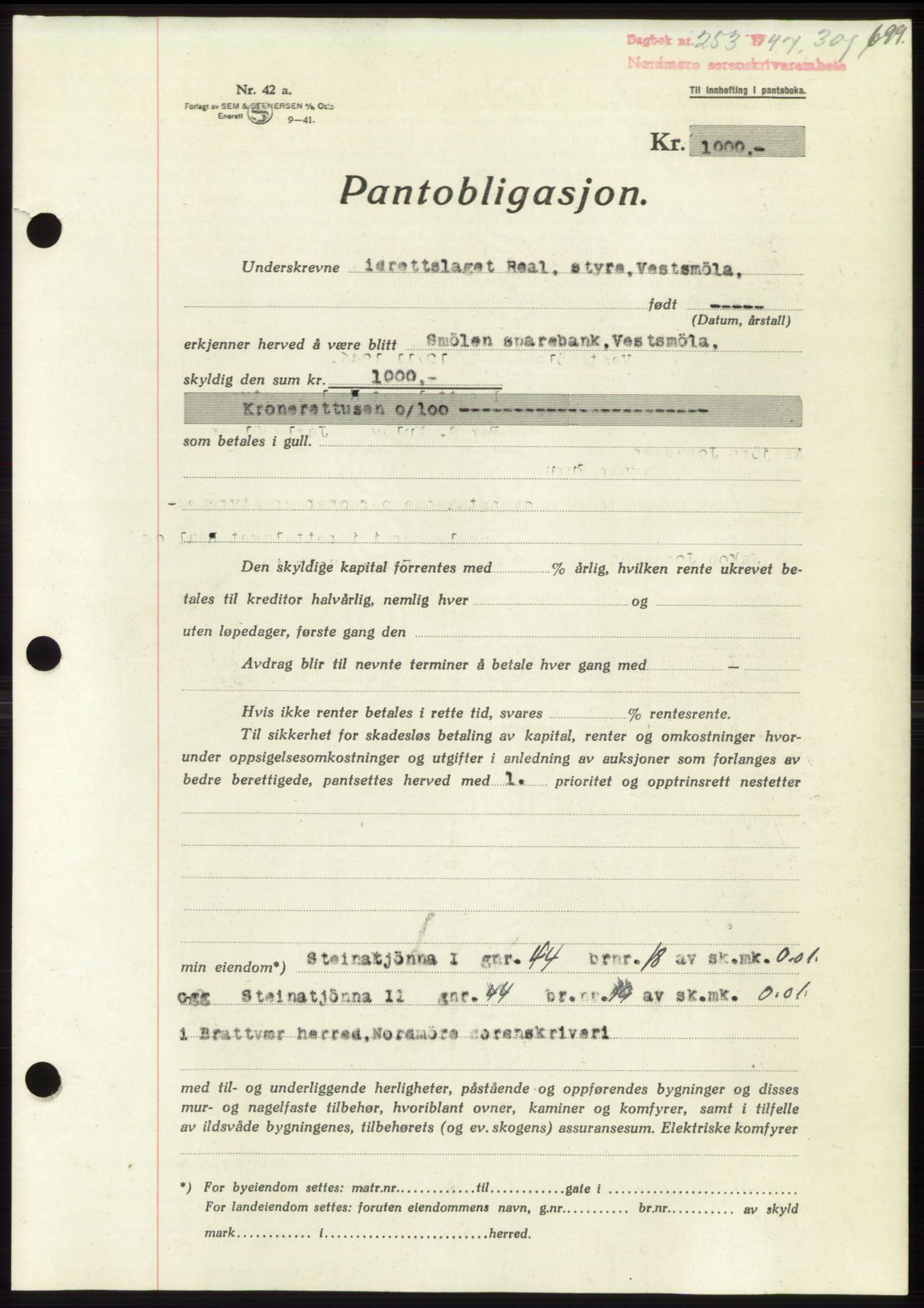 Nordmøre sorenskriveri, SAT/A-4132/1/2/2Ca: Pantebok nr. B95, 1946-1947, Dagboknr: 253/1947