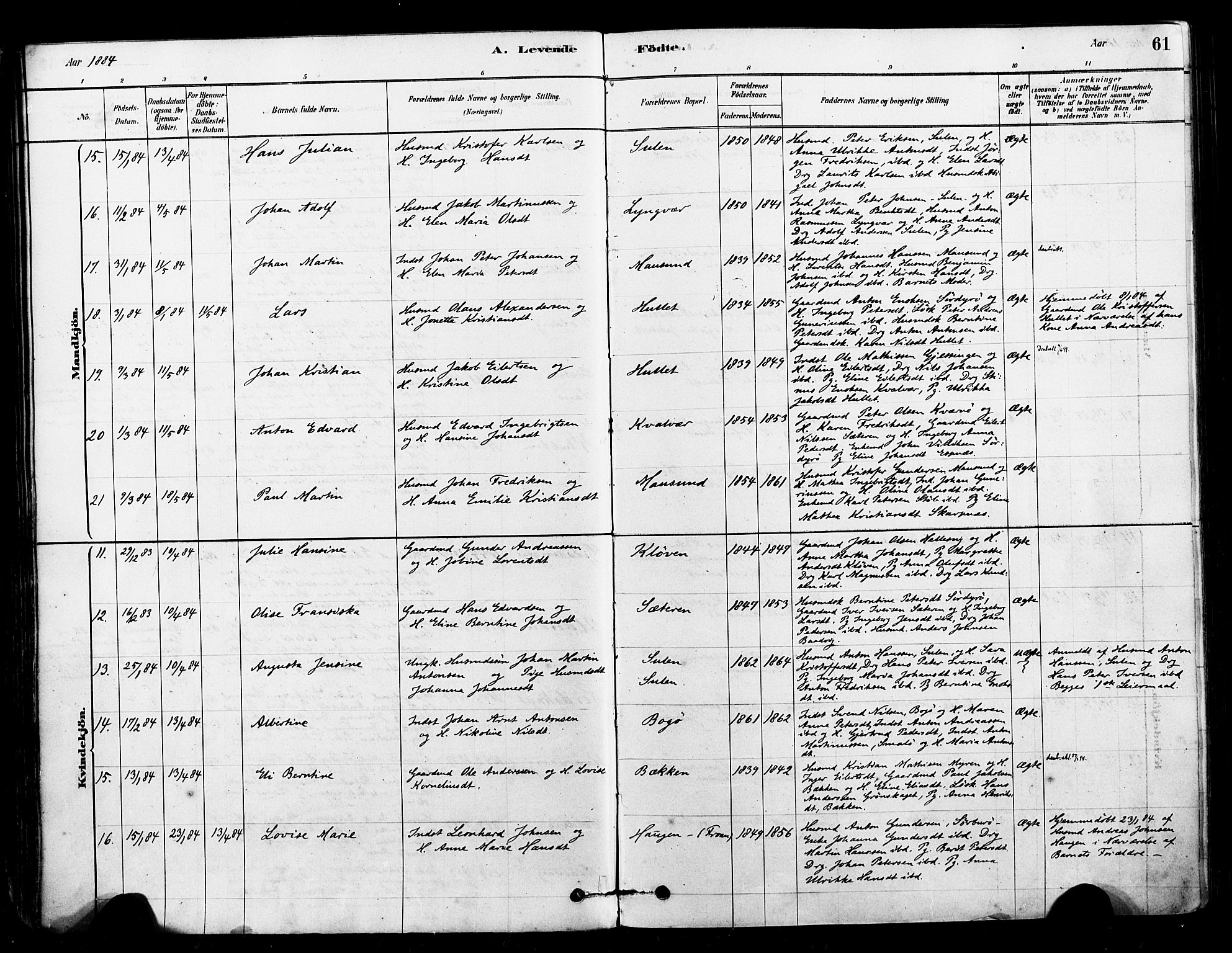 Ministerialprotokoller, klokkerbøker og fødselsregistre - Sør-Trøndelag, SAT/A-1456/640/L0578: Ministerialbok nr. 640A03, 1879-1889, s. 61