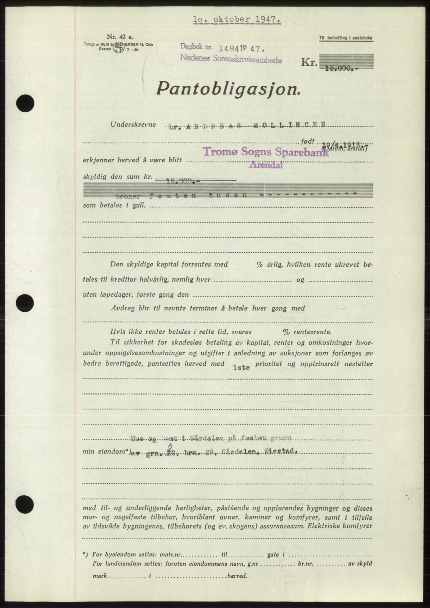 Nedenes sorenskriveri, SAK/1221-0006/G/Gb/Gbb/L0004: Pantebok nr. B4, 1947-1947, Dagboknr: 1484/1947