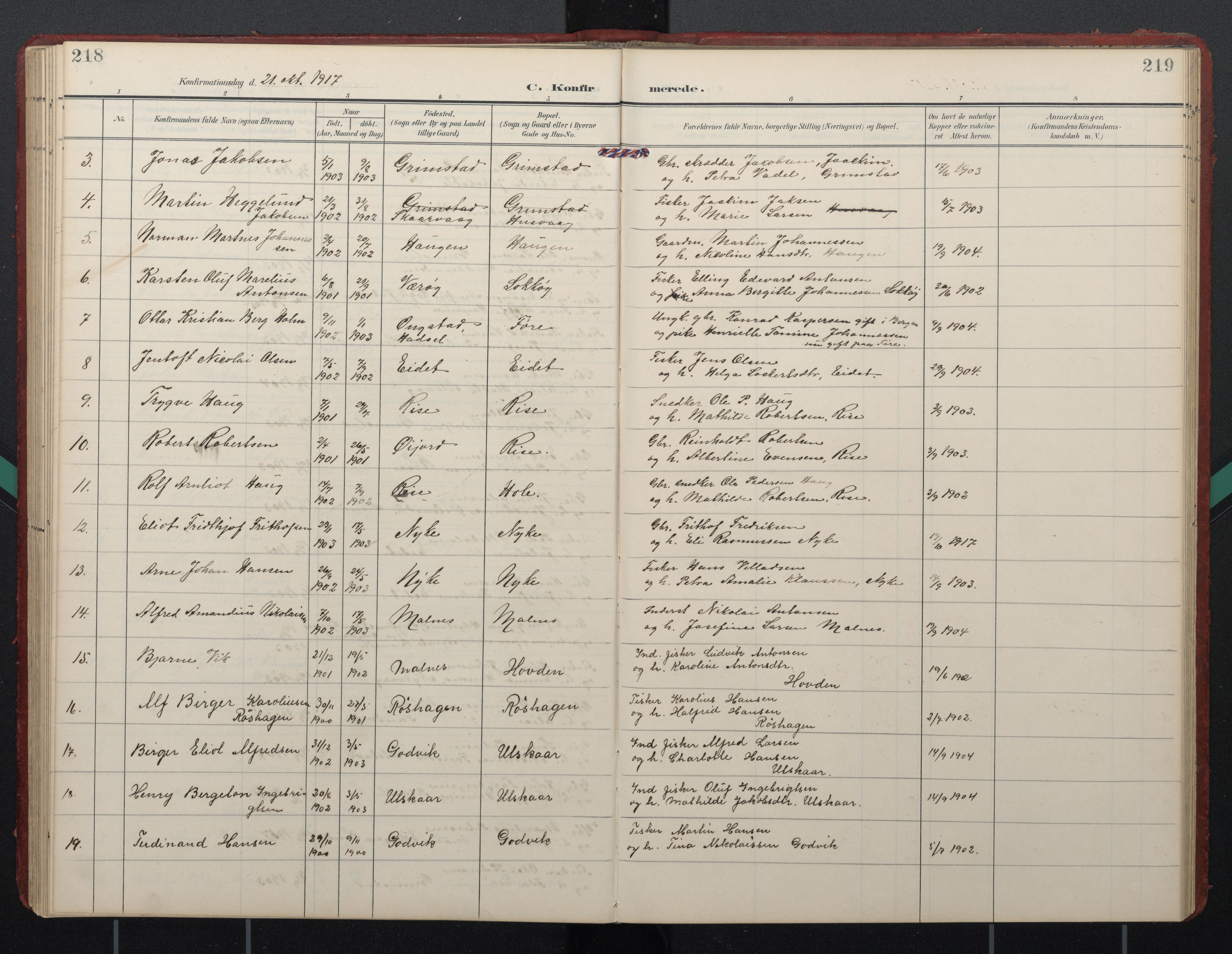 Ministerialprotokoller, klokkerbøker og fødselsregistre - Nordland, AV/SAT-A-1459/892/L1322: Ministerialbok nr. 892A03, 1904-1921, s. 218-219