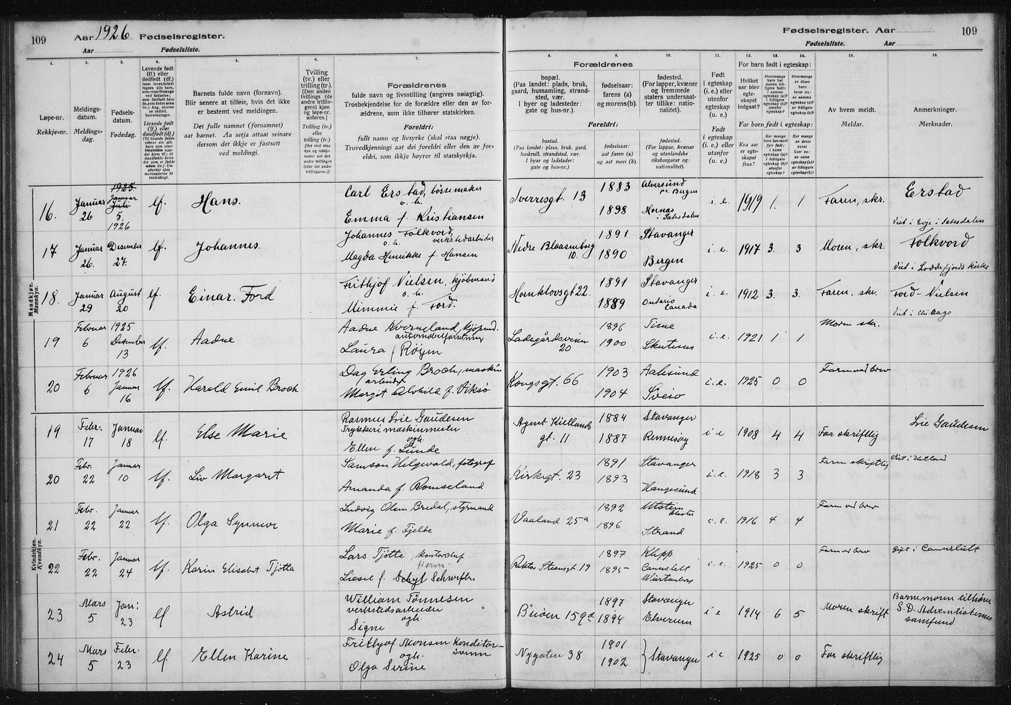 St. Petri sokneprestkontor, AV/SAST-A-101813/002/A/L0002: Fødselsregister nr. 2, 1922-1929, s. 109