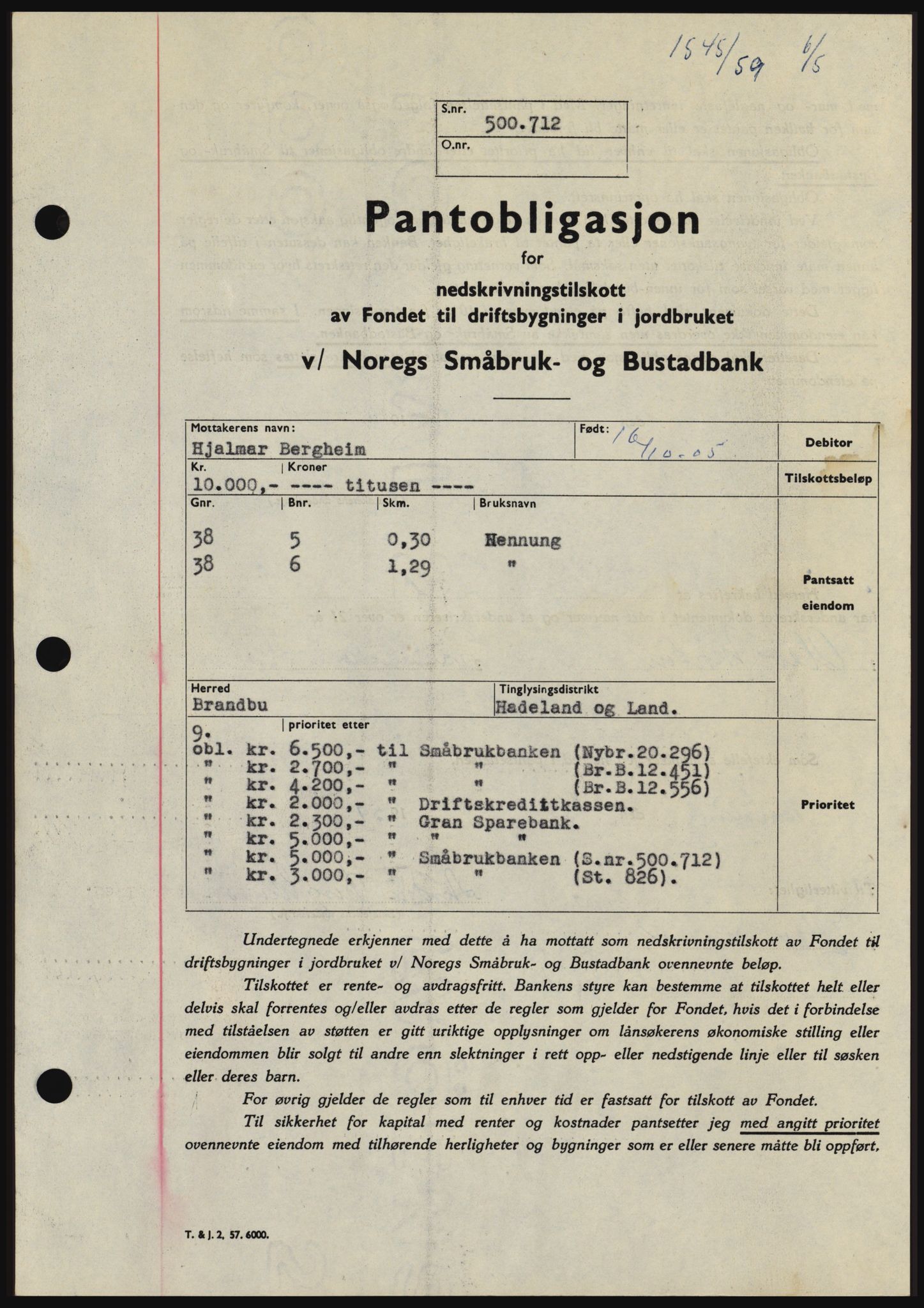 Hadeland og Land tingrett, SAH/TING-010/H/Hb/Hbc/L0040: Pantebok nr. B40, 1959-1959, Dagboknr: 1545/1959