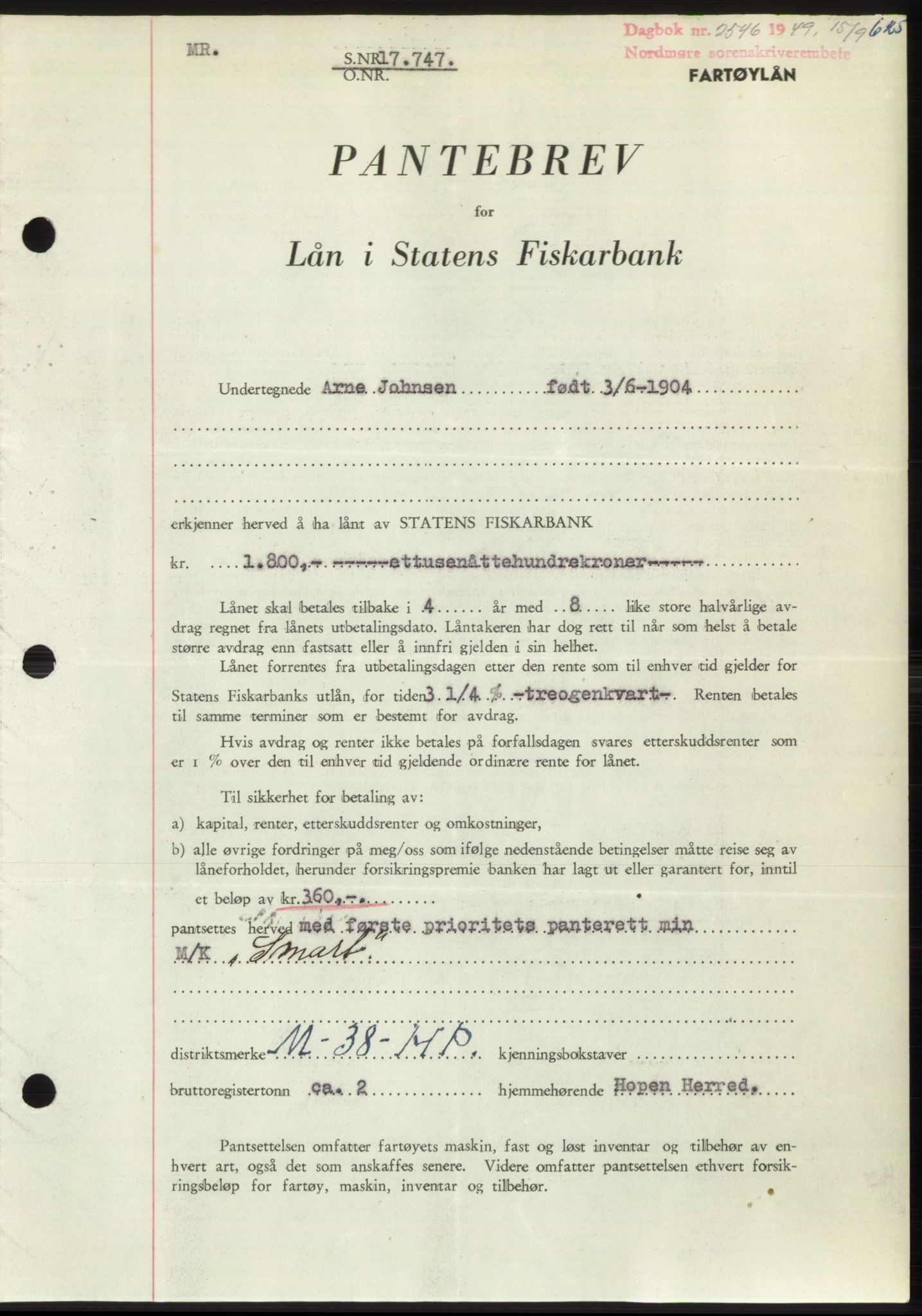 Nordmøre sorenskriveri, SAT/A-4132/1/2/2Ca: Pantebok nr. B102, 1949-1949, Dagboknr: 2546/1949