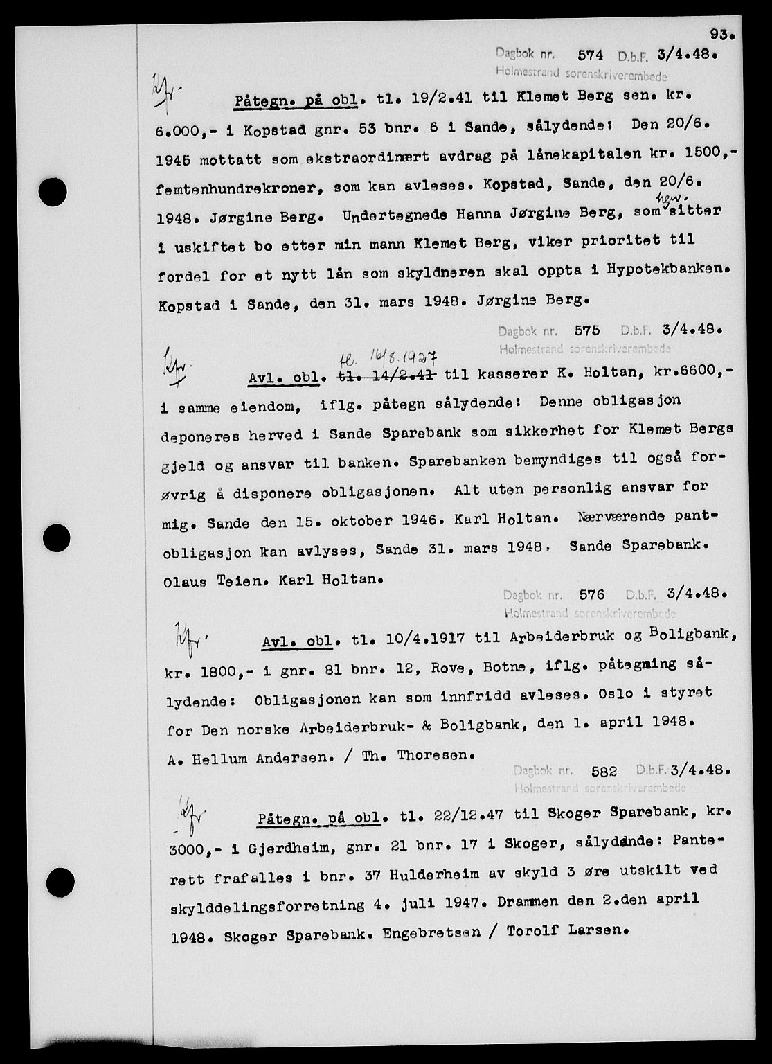 Holmestrand sorenskriveri, SAKO/A-67/G/Ga/Gab/L0058: Pantebok nr. B-58, 1947-1948, s. 93, Dagboknr: 574/1948