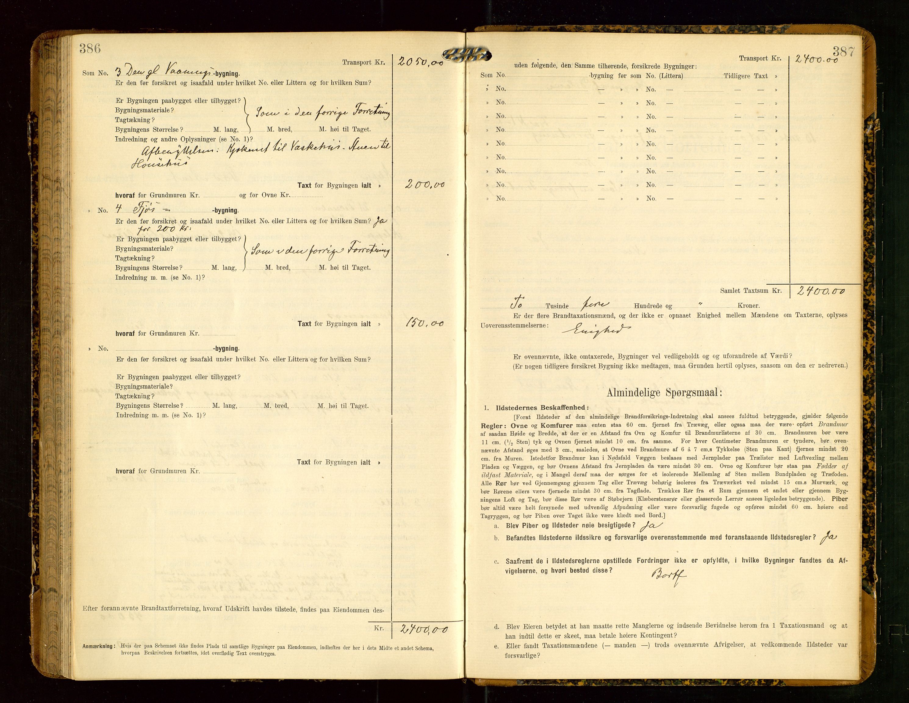 Klepp lensmannskontor, SAST/A-100163/Goc/L0004: "Brandtaxationsprotokol" m/register, 1906-1908, s. 386-387