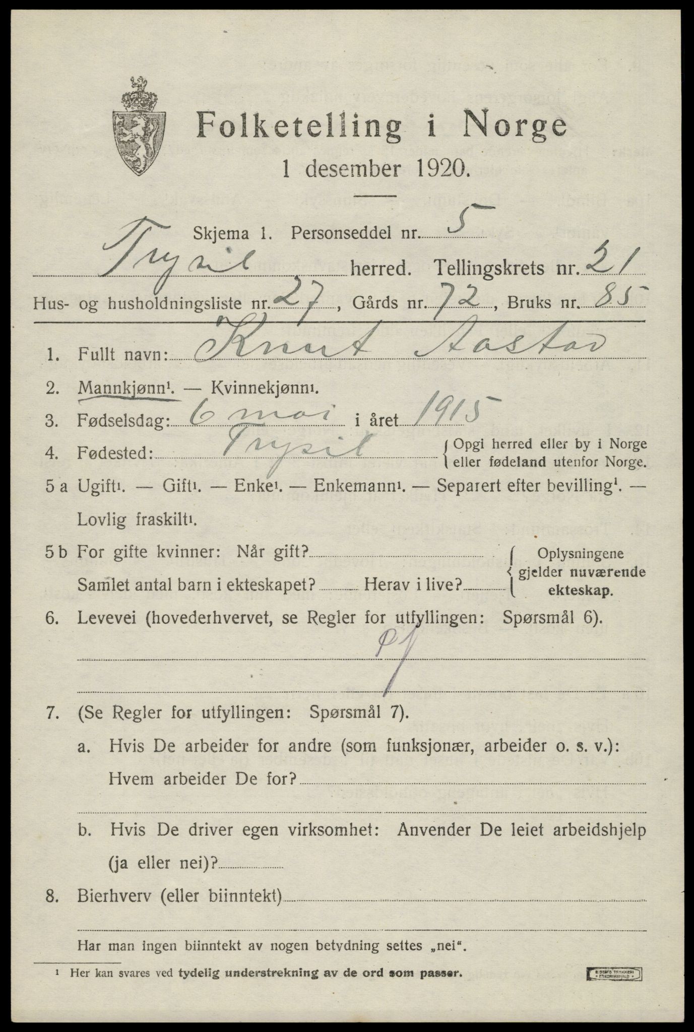SAH, Folketelling 1920 for 0428 Trysil herred, 1920, s. 14097