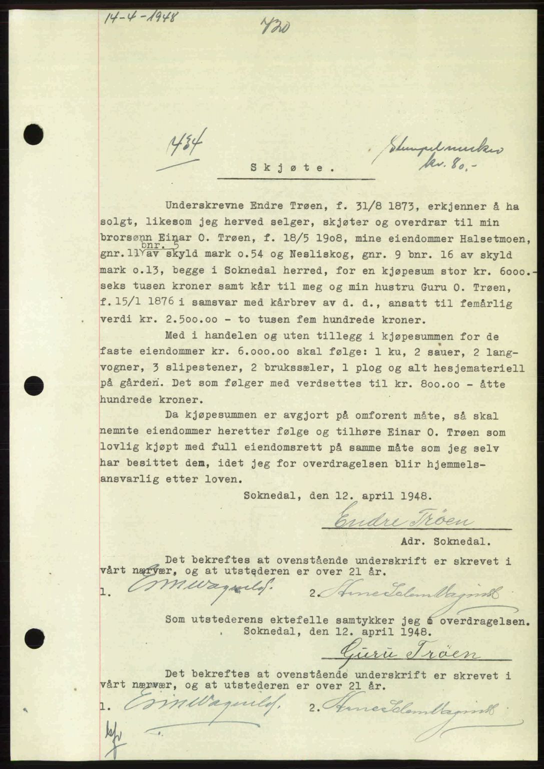 Gauldal sorenskriveri, SAT/A-0014/1/2/2C: Pantebok nr. A5, 1947-1948, Dagboknr: 434/1948