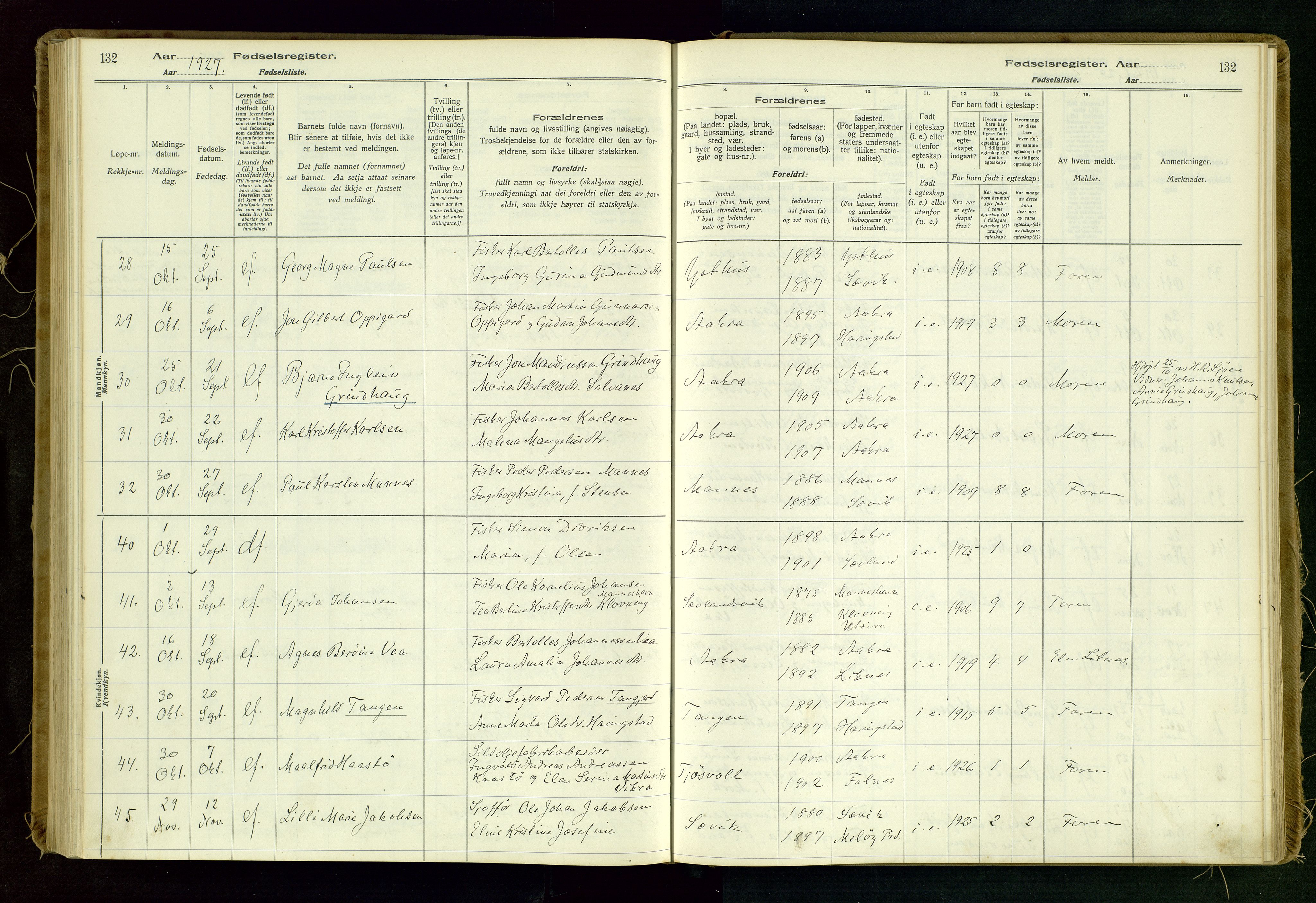 Kopervik sokneprestkontor, AV/SAST-A-101850/I/Id/L0006: Fødselsregister nr. 6, 1916-1934, s. 132