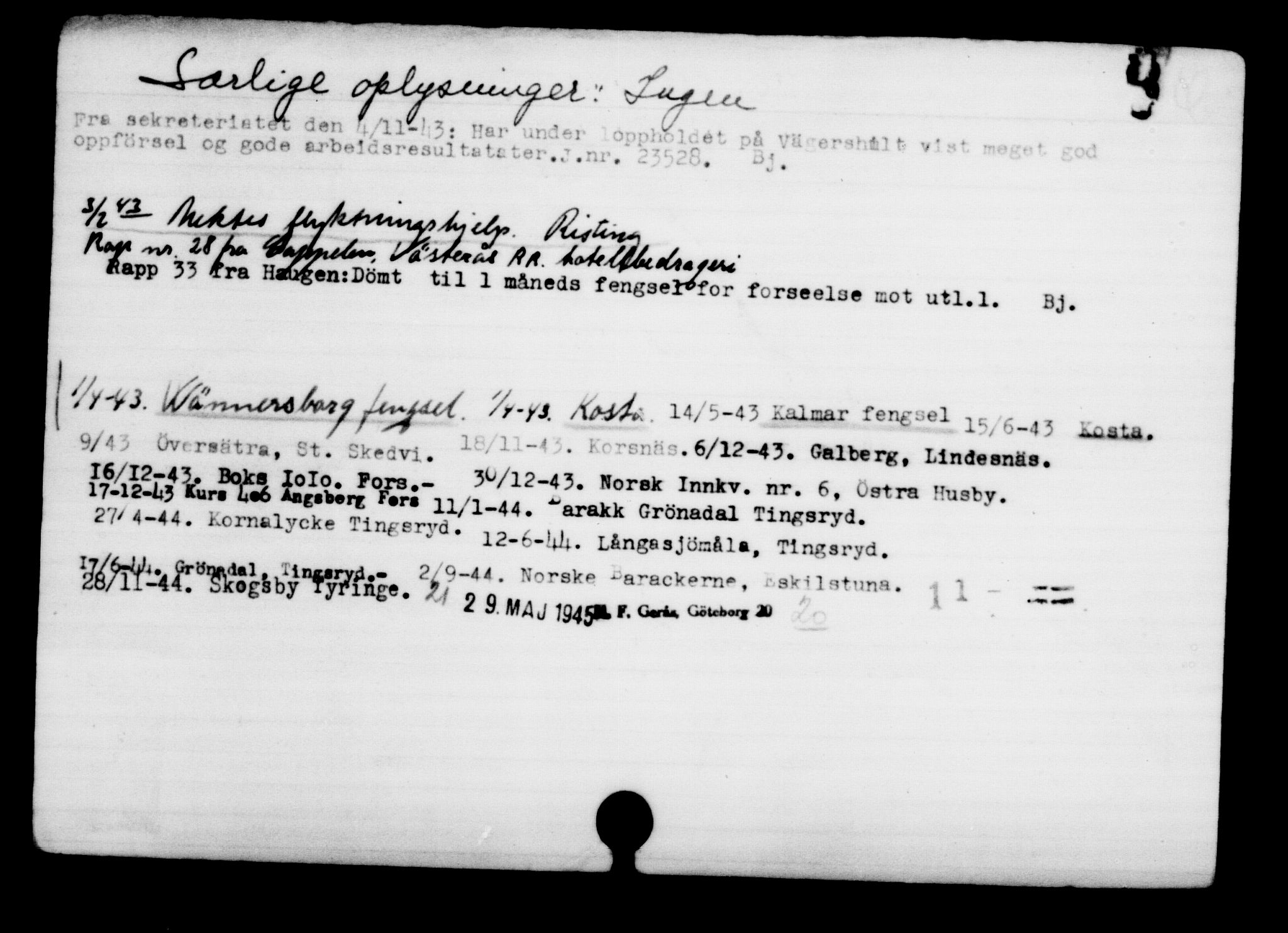 Utenriksstasjonene, Legasjonen i Stockholm, Flyktningkontoret, AV/RA-S-6753/V/Va/L0001: Kjesäterkartoteket, flyktninger med registreringsnr. 1-1000, 1940-1945, s. 1215