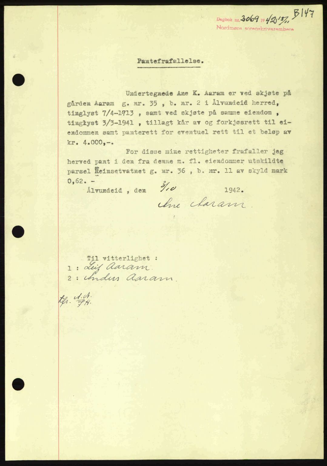 Nordmøre sorenskriveri, SAT/A-4132/1/2/2Ca: Pantebok nr. B90, 1942-1943, Dagboknr: 3069/1942