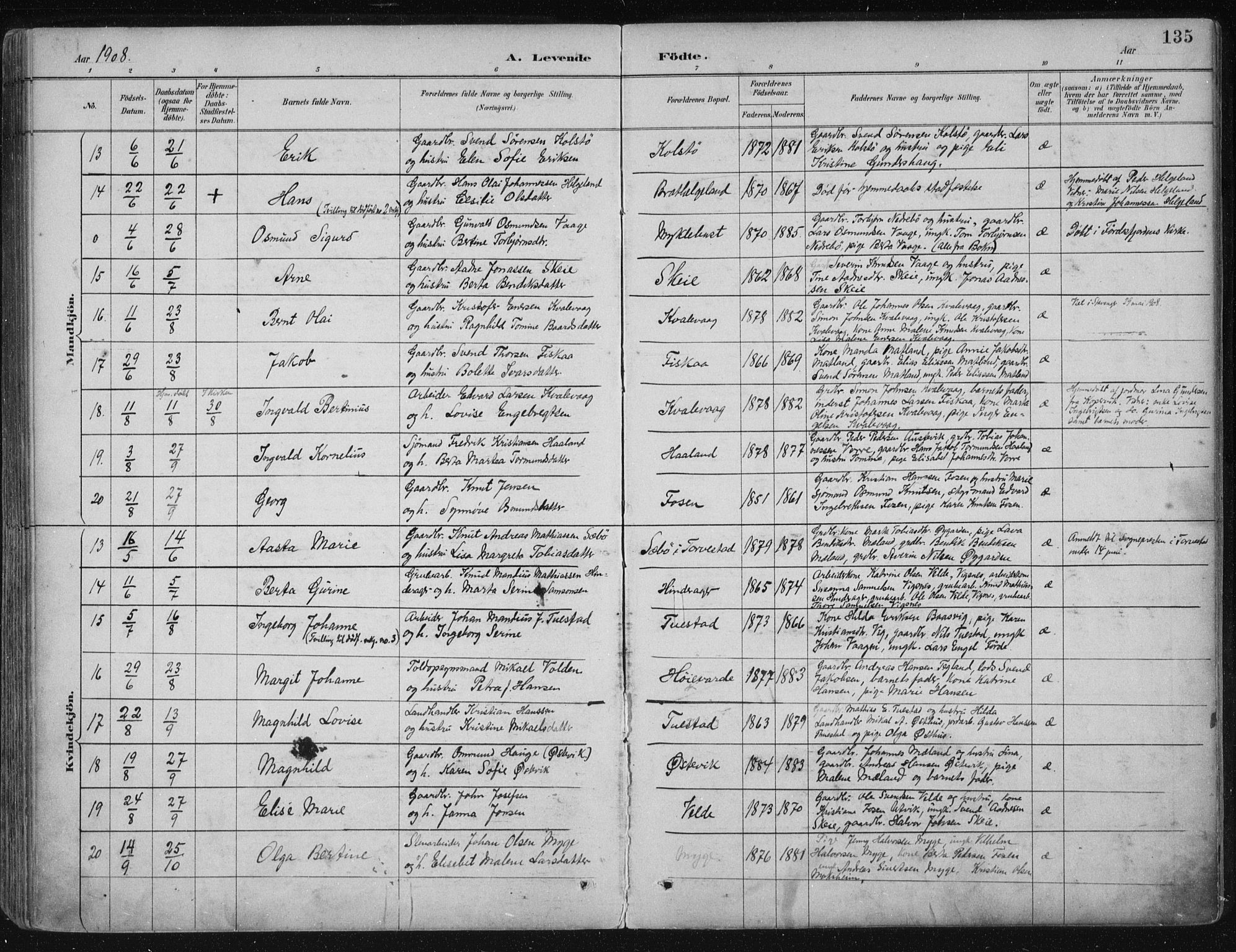 Avaldsnes sokneprestkontor, AV/SAST-A -101851/H/Ha/Haa/L0017: Ministerialbok nr. A 17, 1889-1920, s. 135