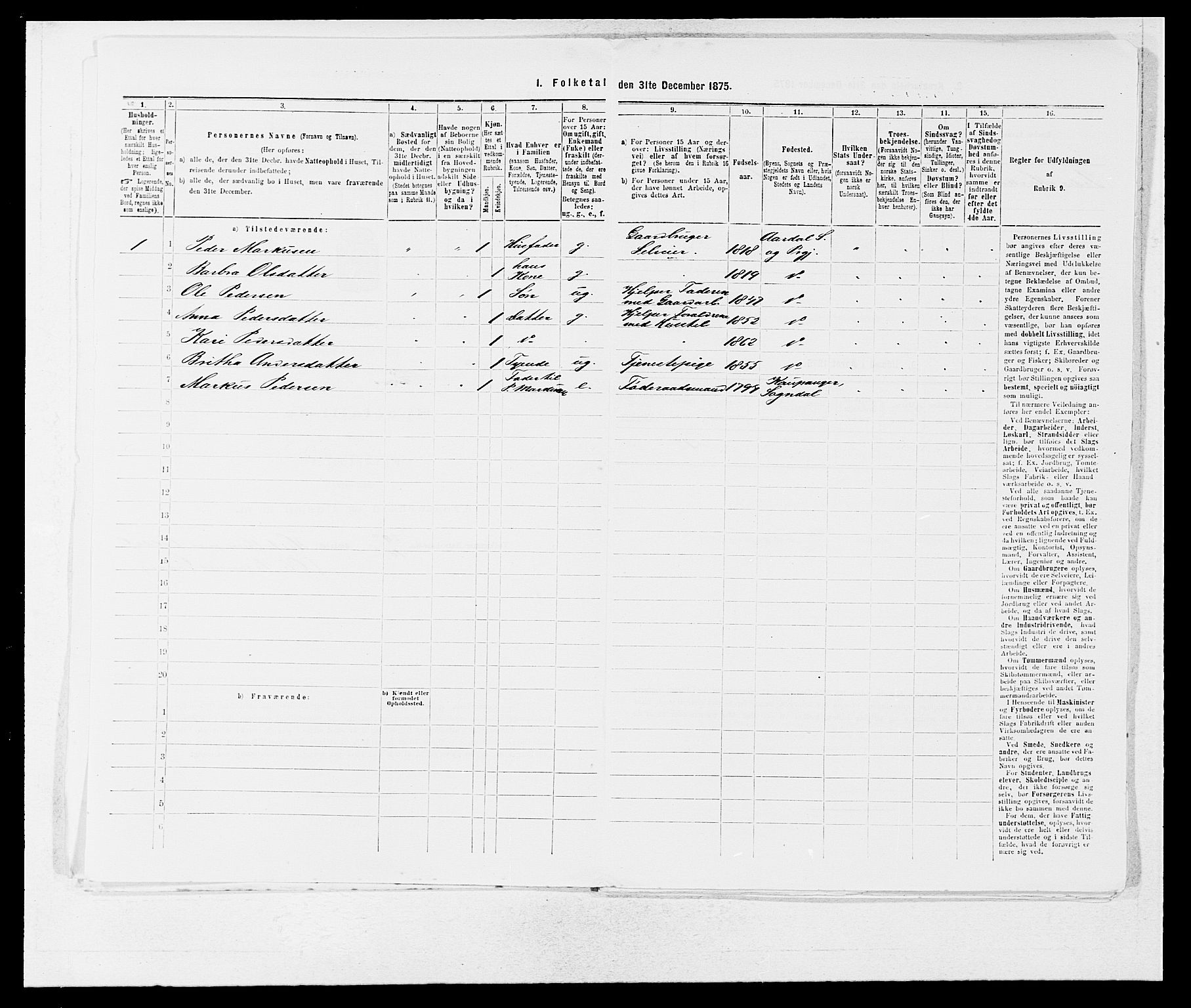 SAB, Folketelling 1875 for 1424P Årdal prestegjeld, 1875, s. 312