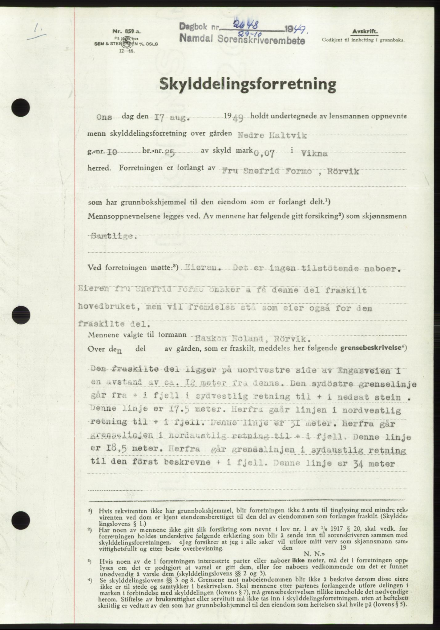 Namdal sorenskriveri, SAT/A-4133/1/2/2C: Pantebok nr. -, 1949-1949, Dagboknr: 2648/1949