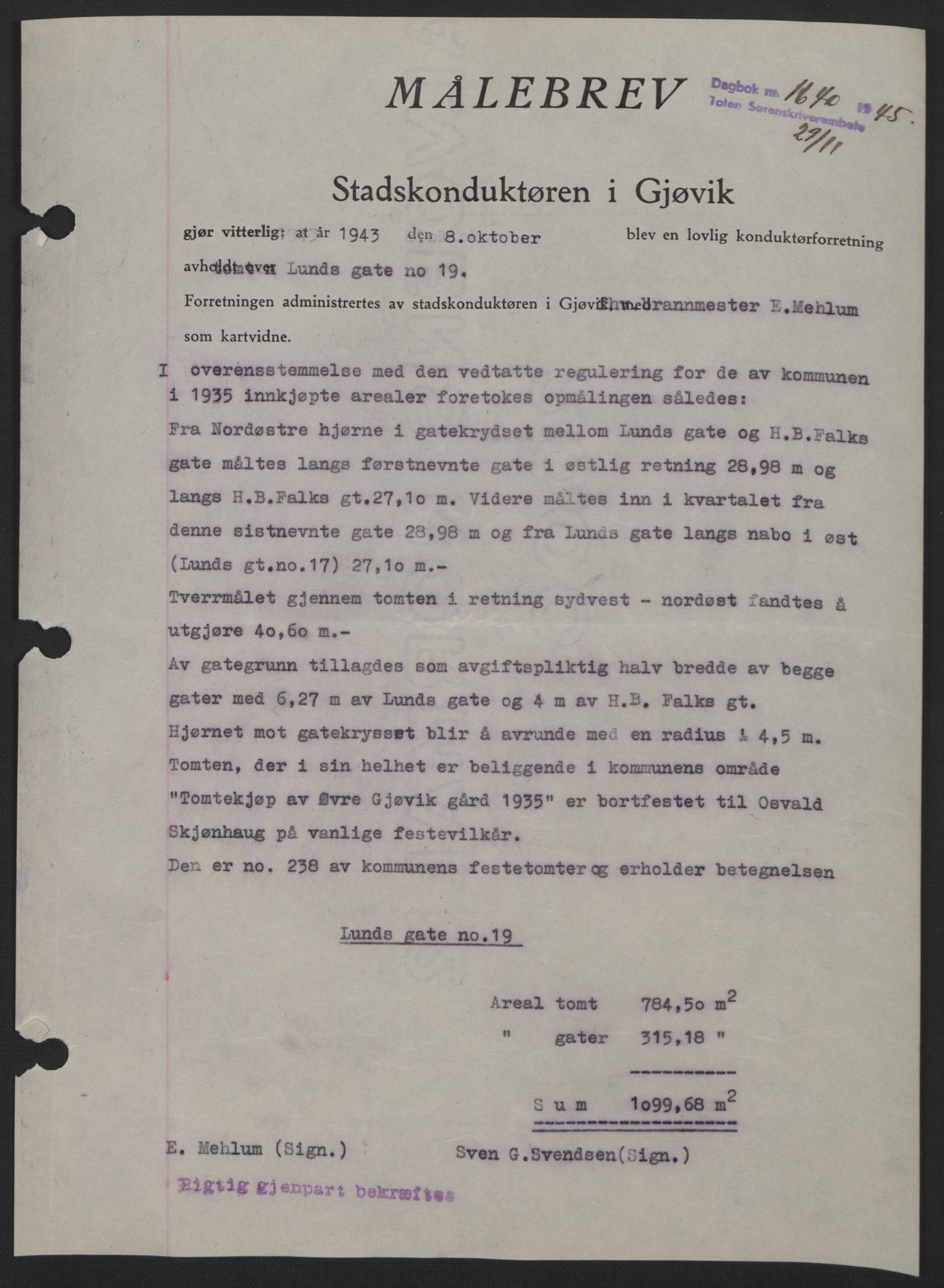 Toten tingrett, SAH/TING-006/H/Hb/Hbc/L0013: Pantebok nr. Hbc-13, 1945-1945, Dagboknr: 1640/1945