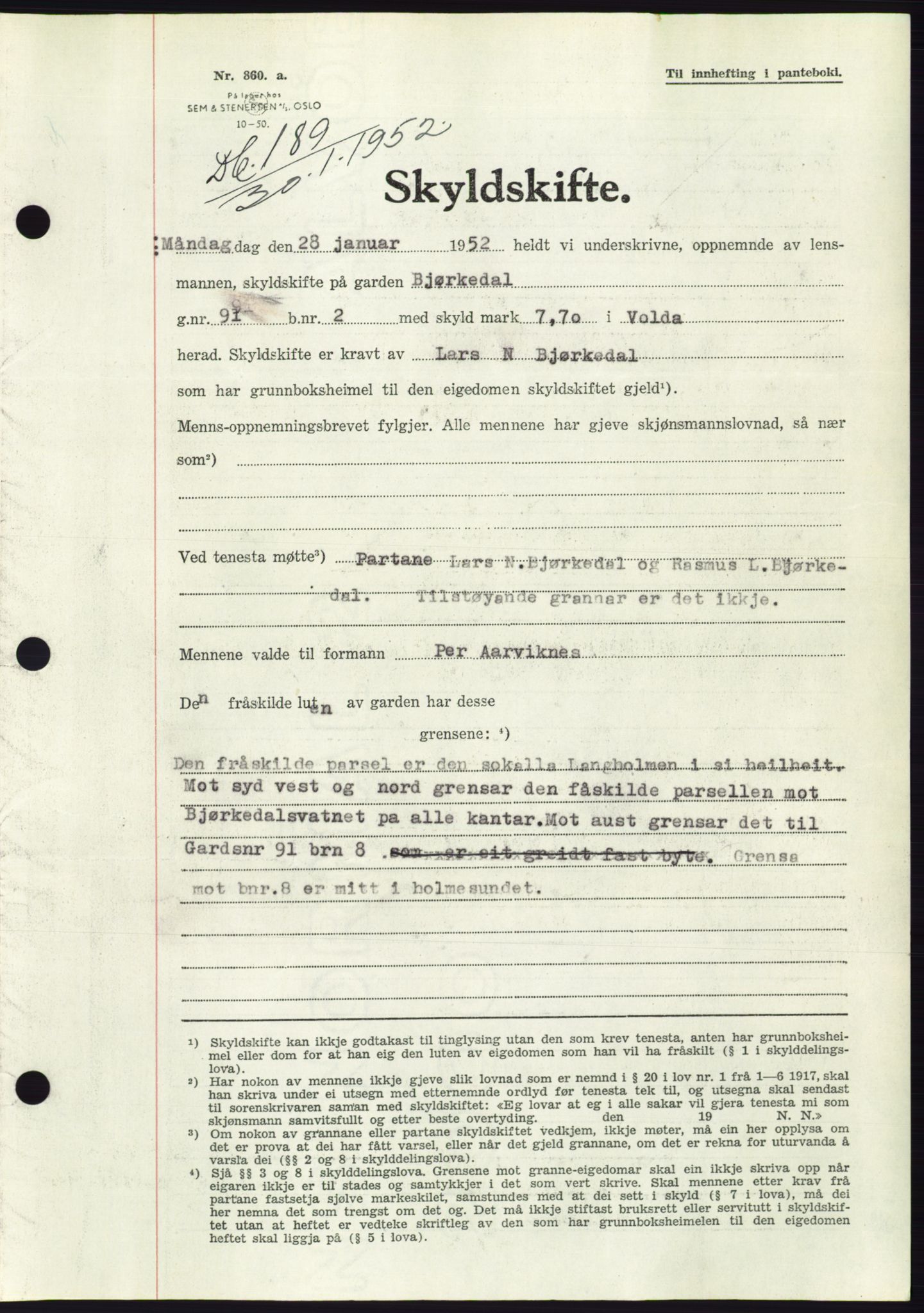 Søre Sunnmøre sorenskriveri, SAT/A-4122/1/2/2C/L0091: Pantebok nr. 17A, 1951-1952, Dagboknr: 189/1952