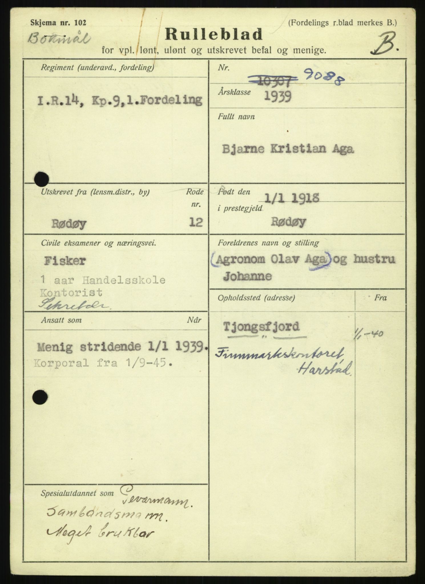 Forsvaret, Troms infanteriregiment nr. 16, AV/RA-RAFA-3146/P/Pa/L0023: Rulleblad for regimentets menige mannskaper, årsklasse 1939, 1939, s. 3