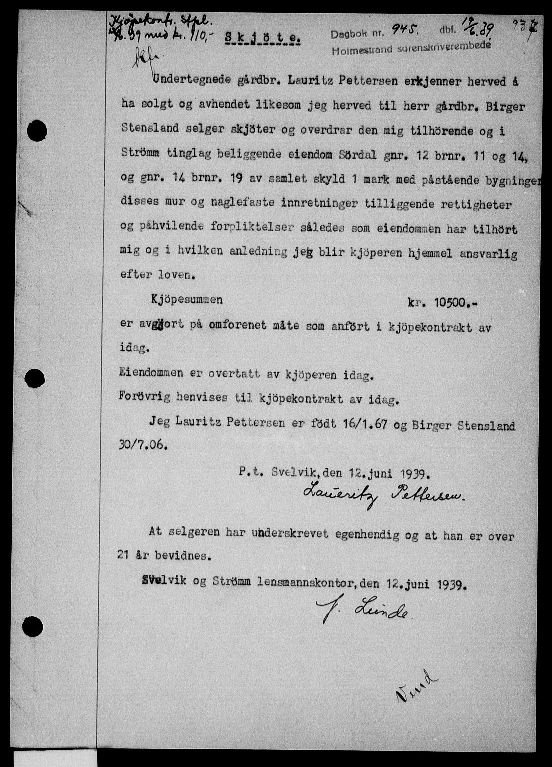 Holmestrand sorenskriveri, SAKO/A-67/G/Ga/Gaa/L0050: Pantebok nr. A-50, 1938-1939, Dagboknr: 945/1939