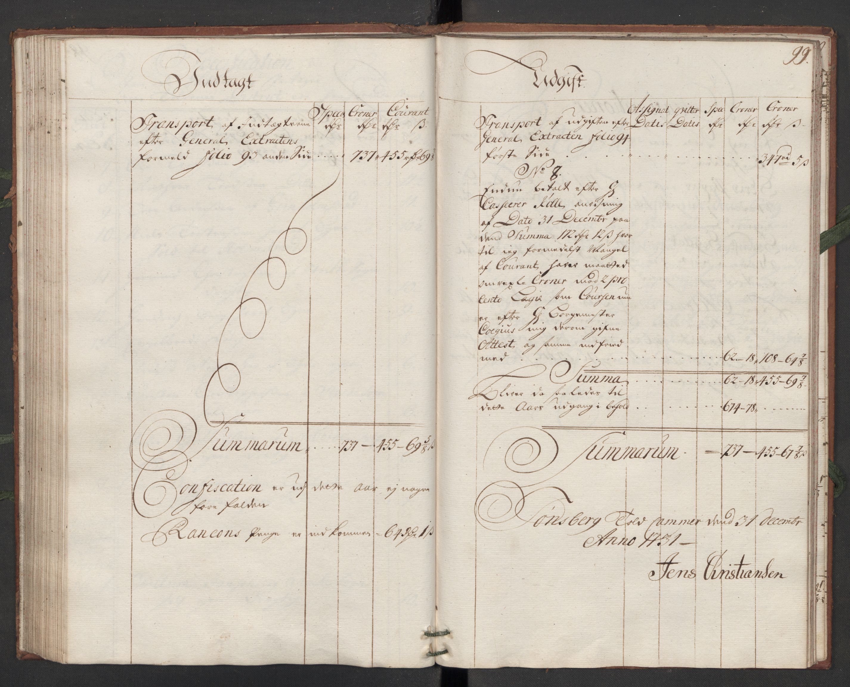 Generaltollkammeret, tollregnskaper, AV/RA-EA-5490/R10/L0011/0001: Tollregnskaper Tønsberg / Hovedtollbok, 1731, s. 98b-99a