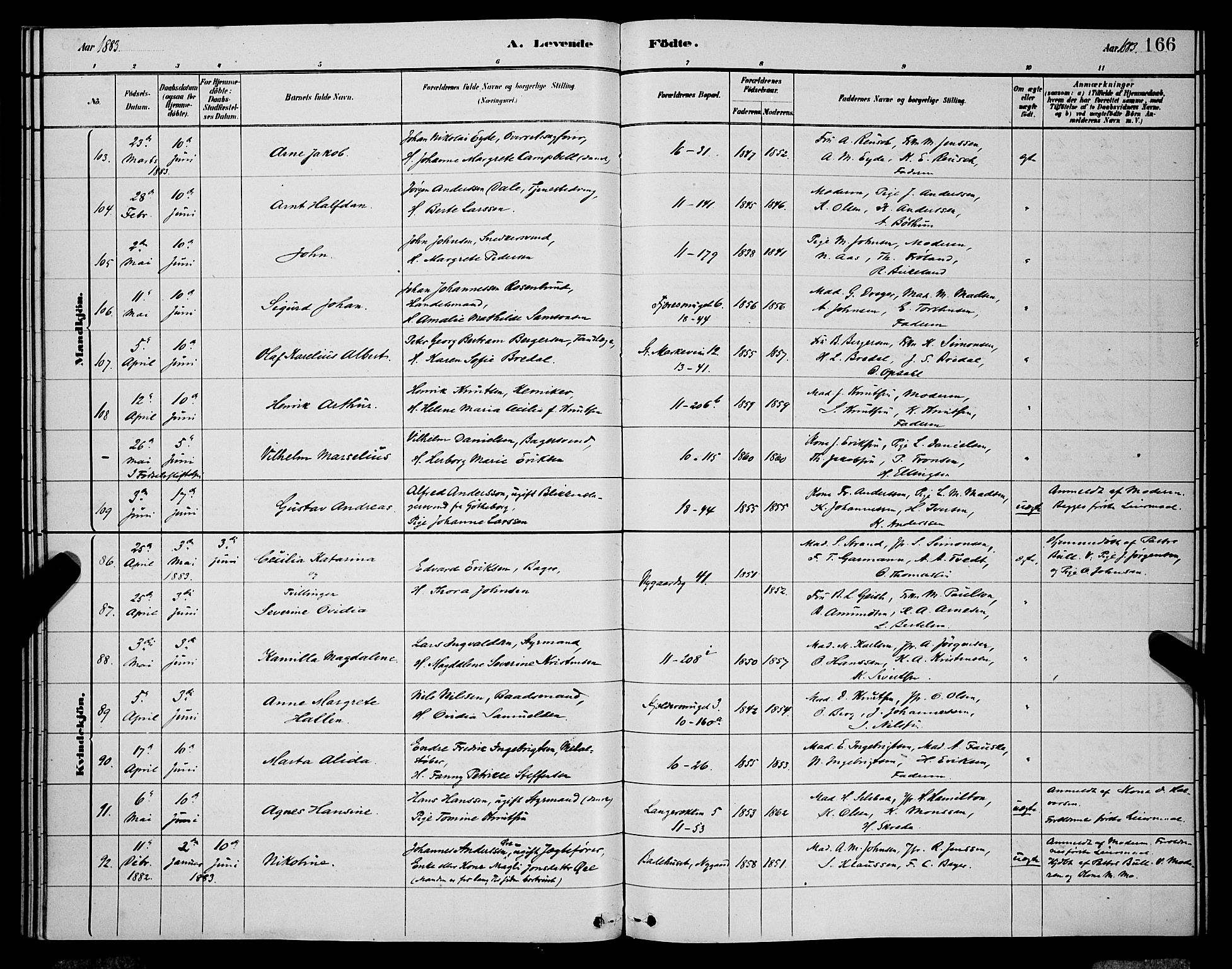 Domkirken sokneprestembete, AV/SAB-A-74801/H/Hab/L0015: Klokkerbok nr. B 8, 1879-1887, s. 166