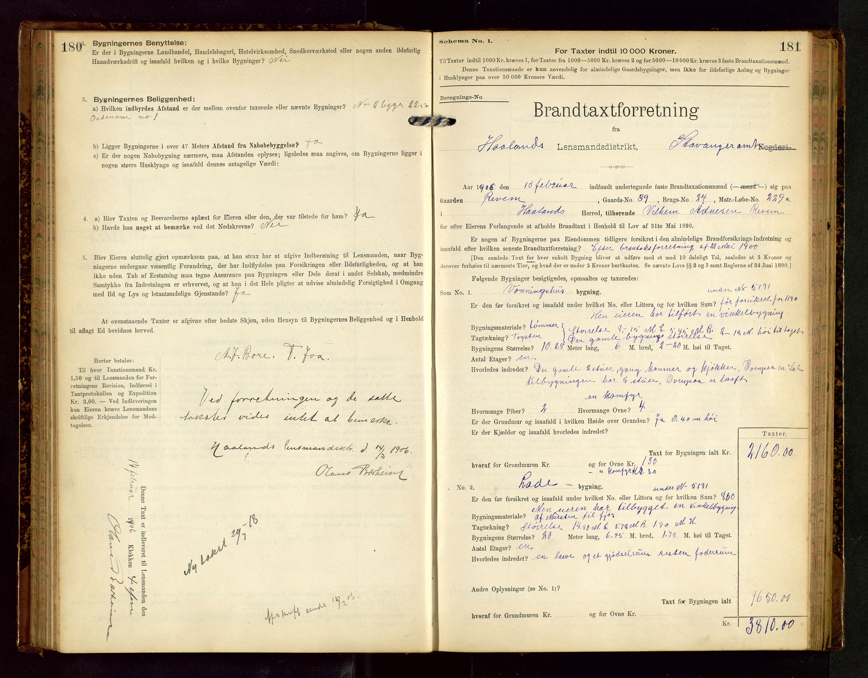 Håland lensmannskontor, SAST/A-100100/Gob/L0002: Branntakstprotokoll - skjematakst. Register i boken., 1902-1906, s. 180-181