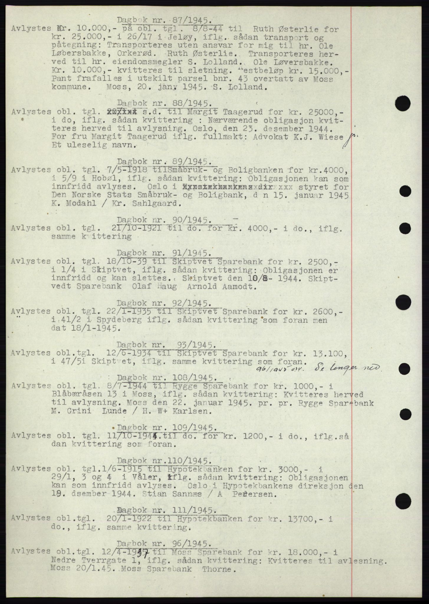 Moss sorenskriveri, SAO/A-10168: Pantebok nr. C10, 1938-1950, Dagboknr: 87/1945