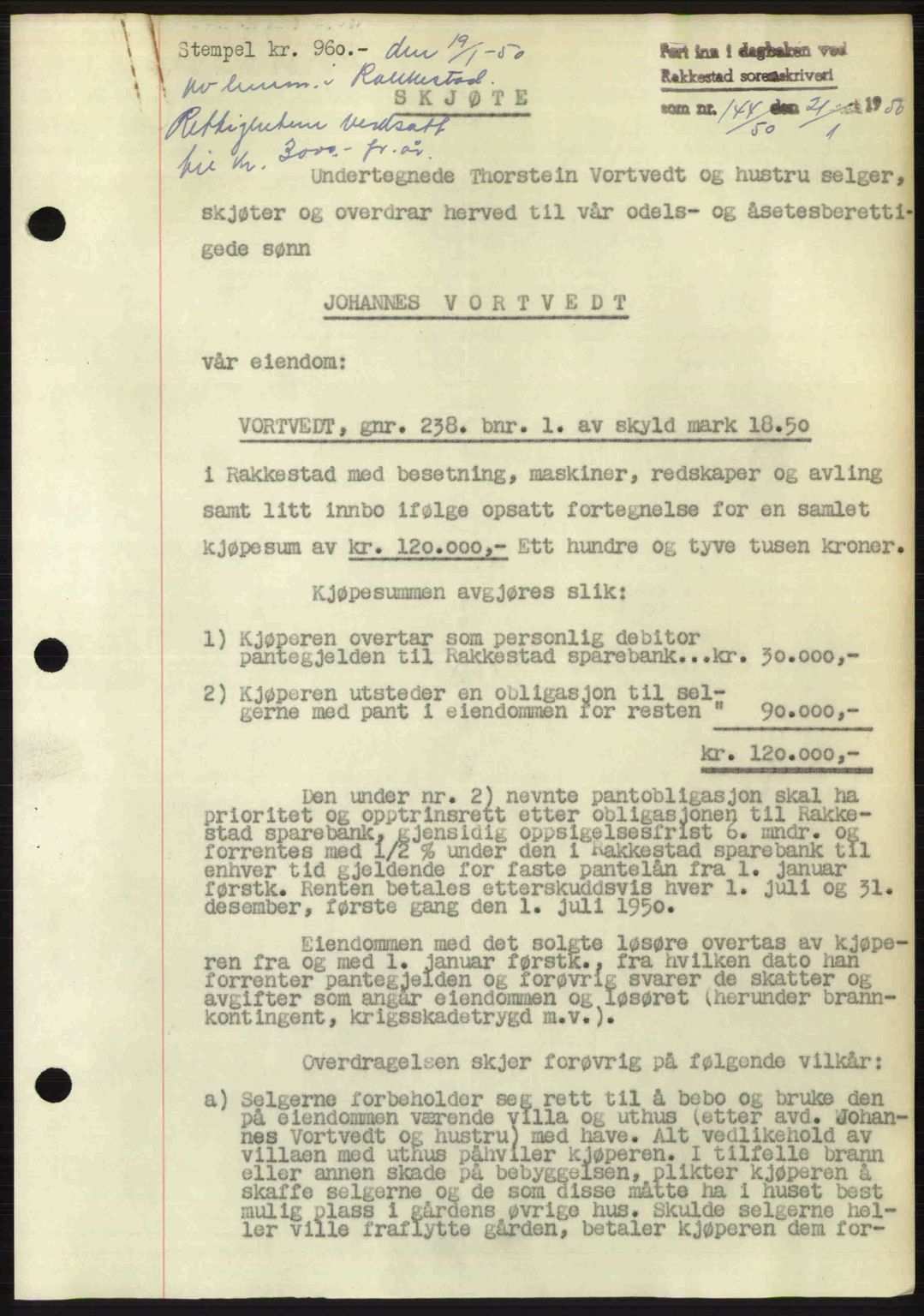 Rakkestad sorenskriveri, SAO/A-10686/G/Gb/Gba/Gbab/L0019: Pantebok nr. A19, 1949-1950, Dagboknr: 144/1950